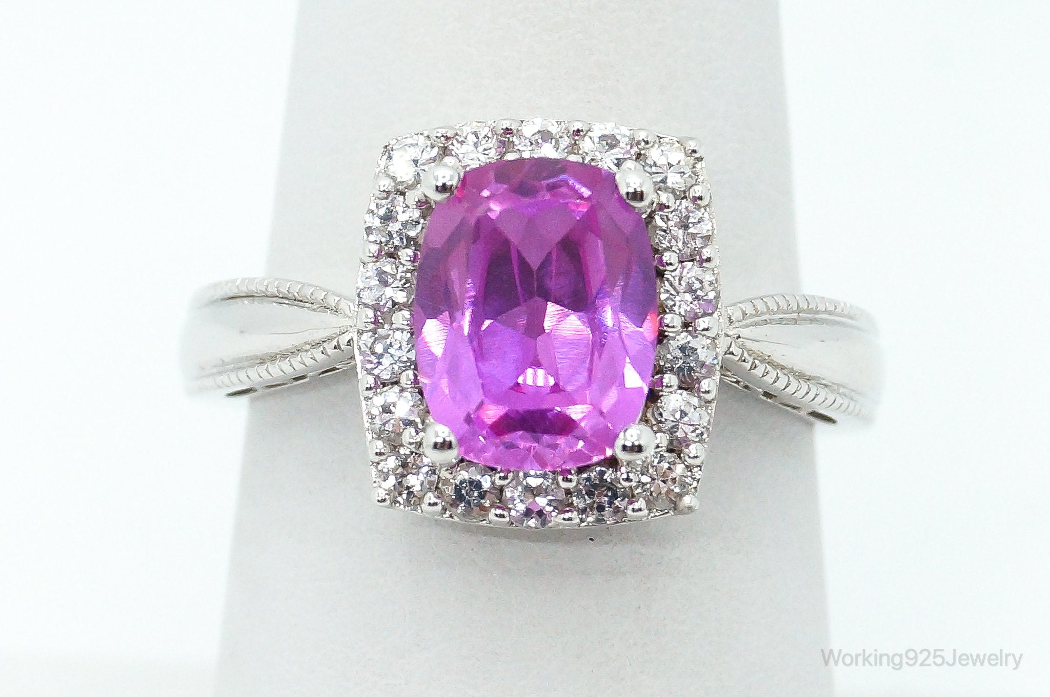 Fuchsia Tourmaline Cubic Zirconia "Mom" Sterling Silver Ring - Size 6.75