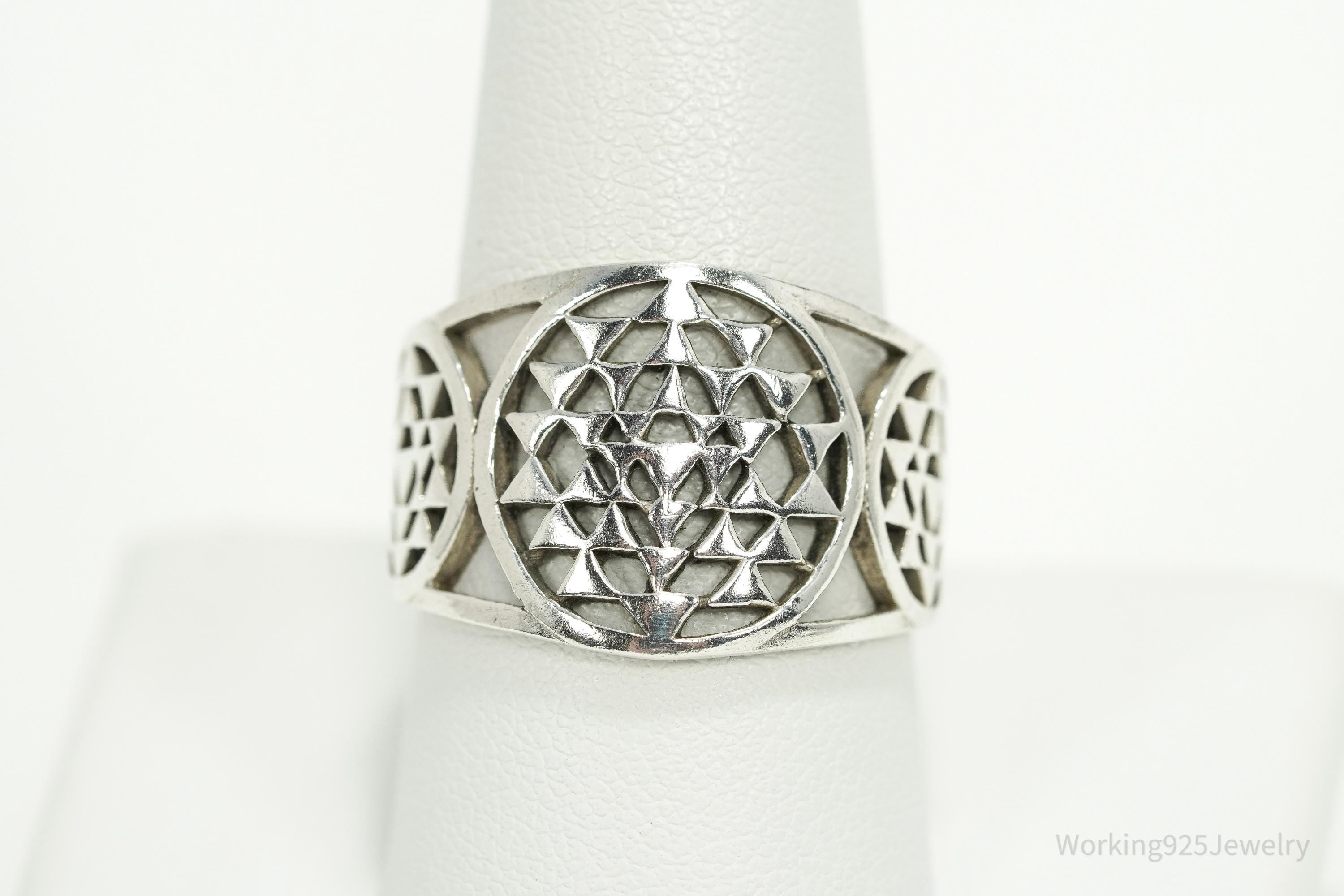 Vintage Sri Yantra Chakra Sterling Silver Wide Band Ring - Size 9.75