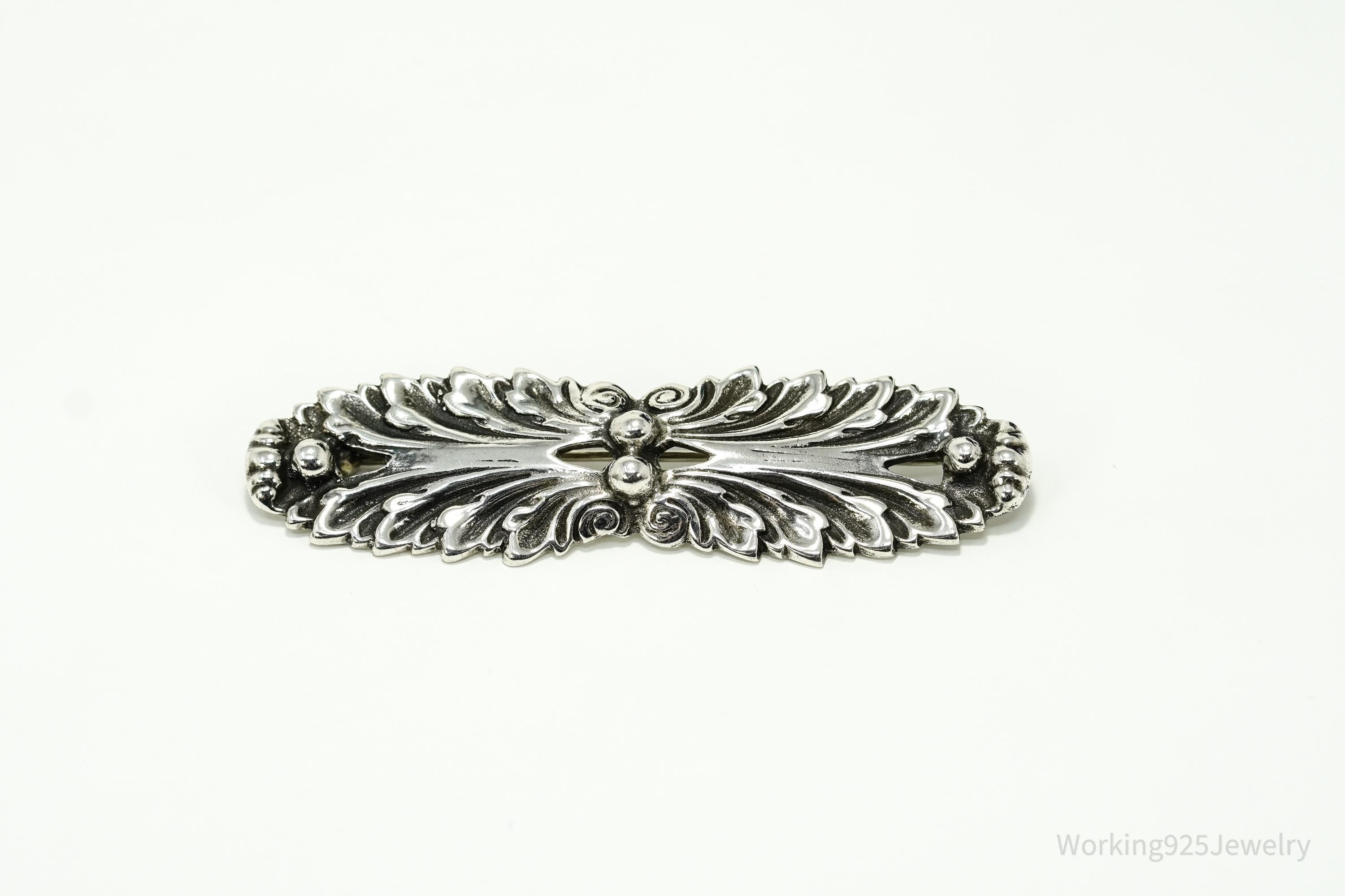 Large Vintage Mid Century Floral Sterling Silver Brooch Pin 3"