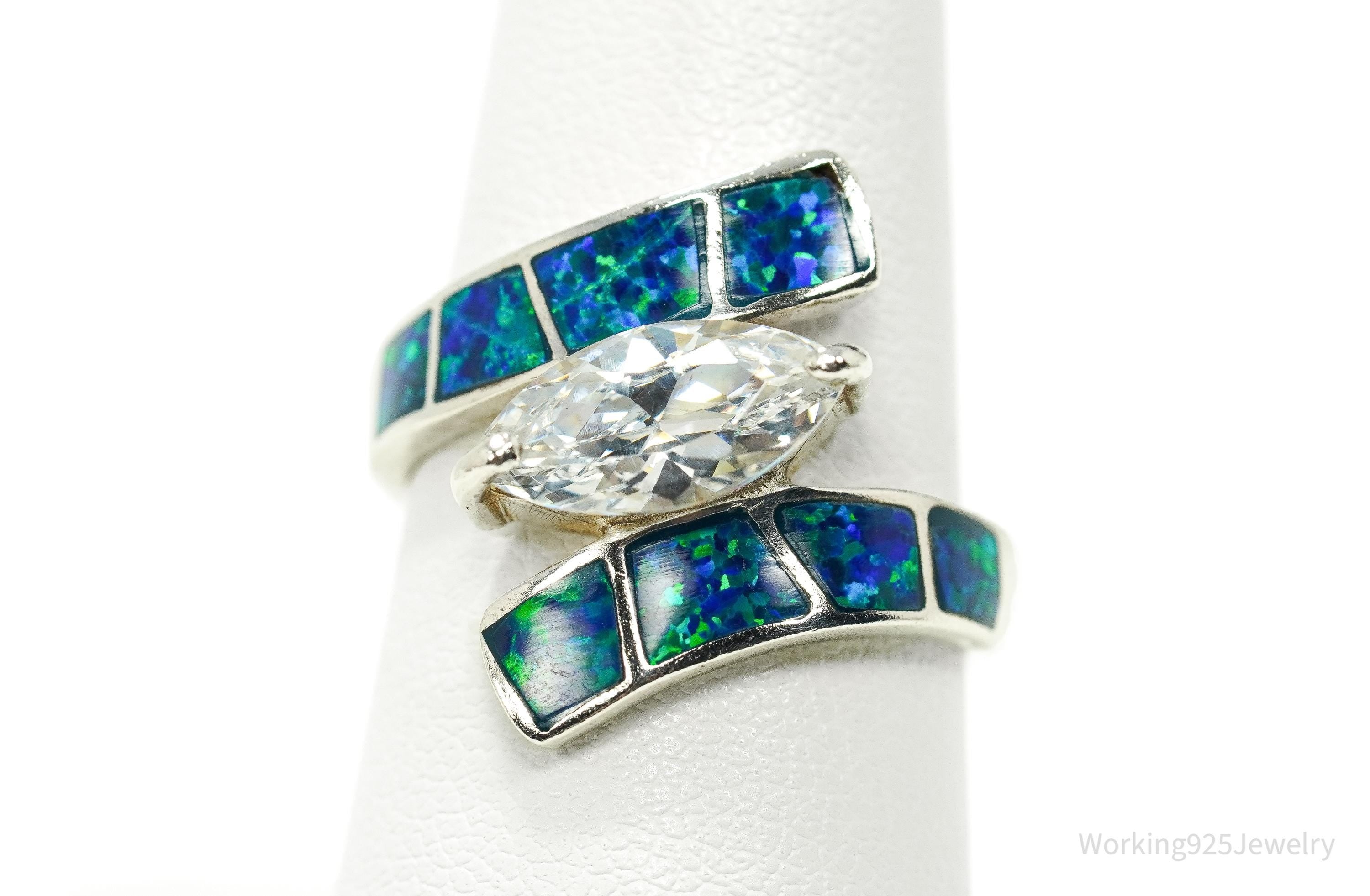Vintage Cubic Zirconia & Opal Inlay Sterling Silver Ring - Size 8