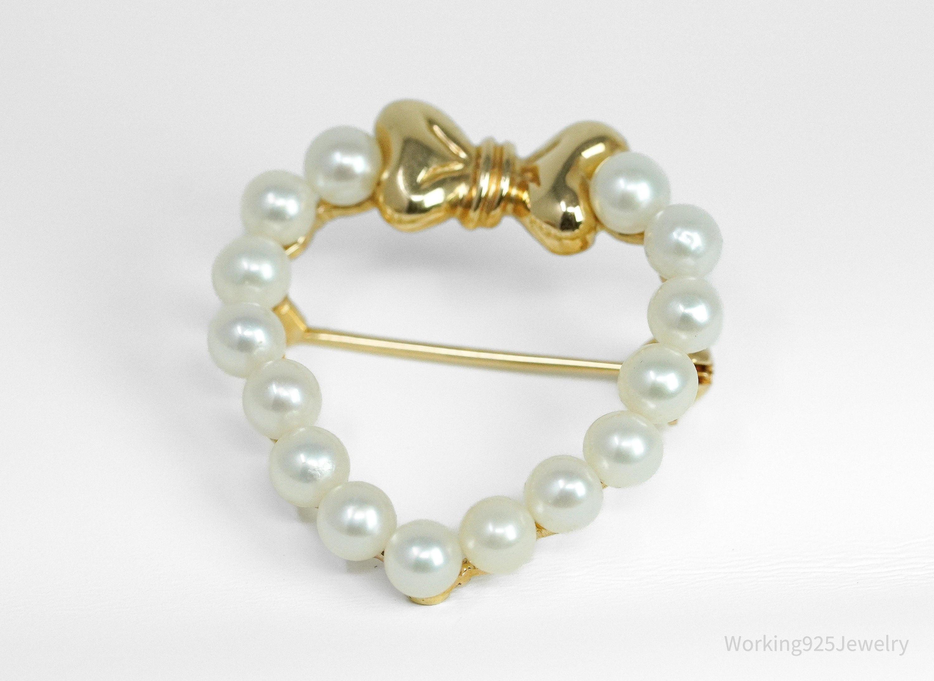 14K Yellow Gold & Saltwater Pearl Heart Brooch Pin