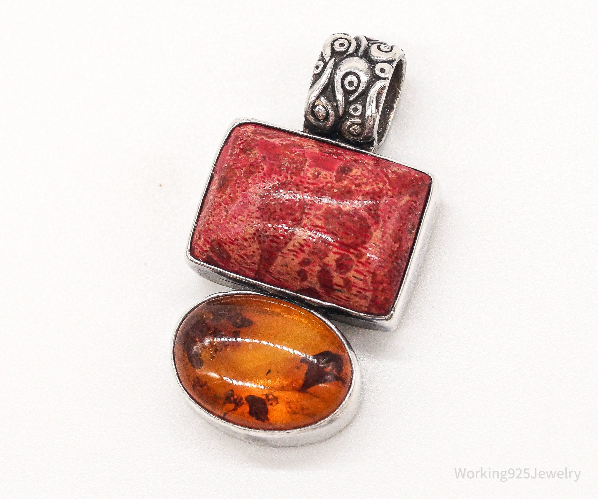 Vintage Red Coral Amber Sterling Silver Pendant