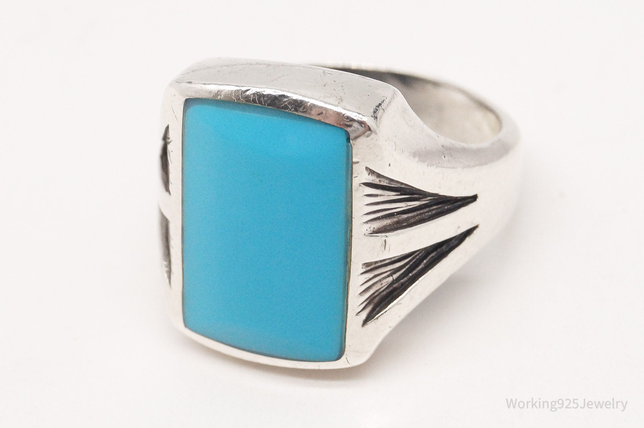 Vintage Native American Blue Turquoise Sterling Silver Ring - Size 8.5