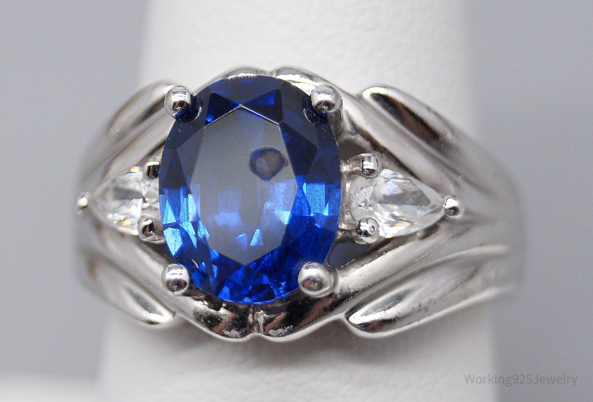 Vintage Lab Sapphire Diamonique Cubic Zirconia Sterling Silver Ring - Size 7.75