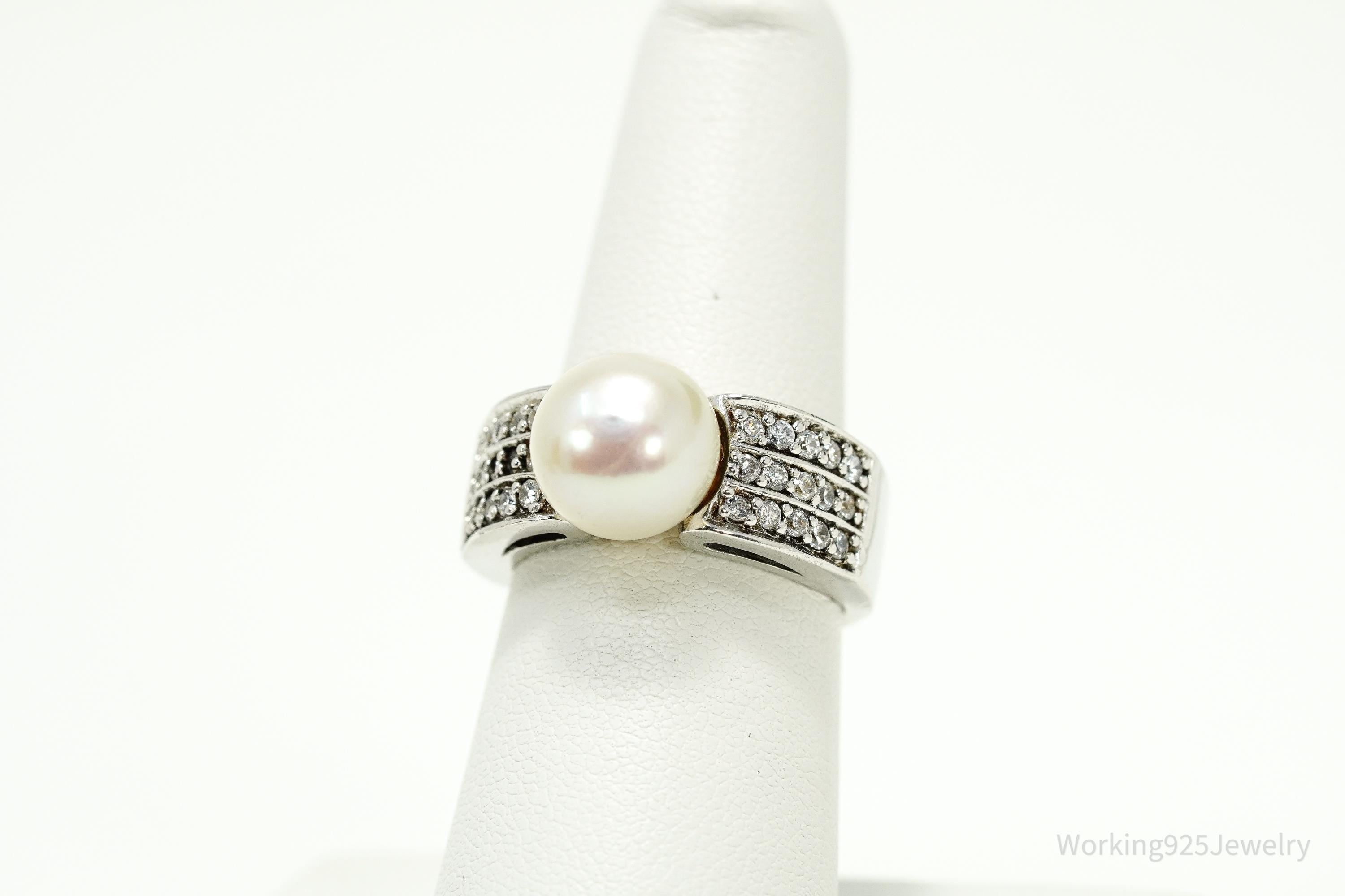 Vintage Pearl & Cubic Zirconia Sterling Silver Ring - Size 7.25