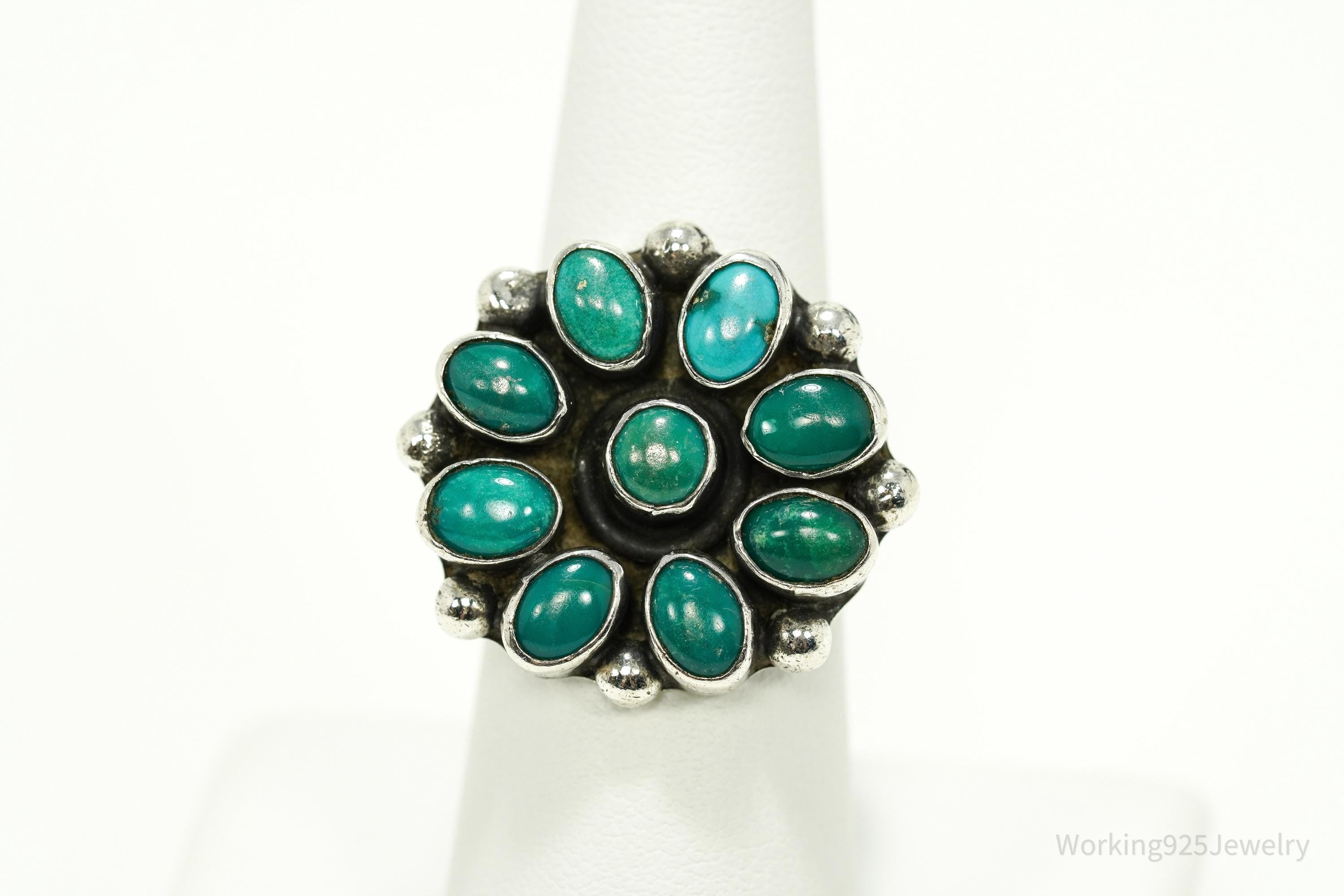 Vintage Handmade Native American Turquoise Unsigned Silver Ring - Size 7.25