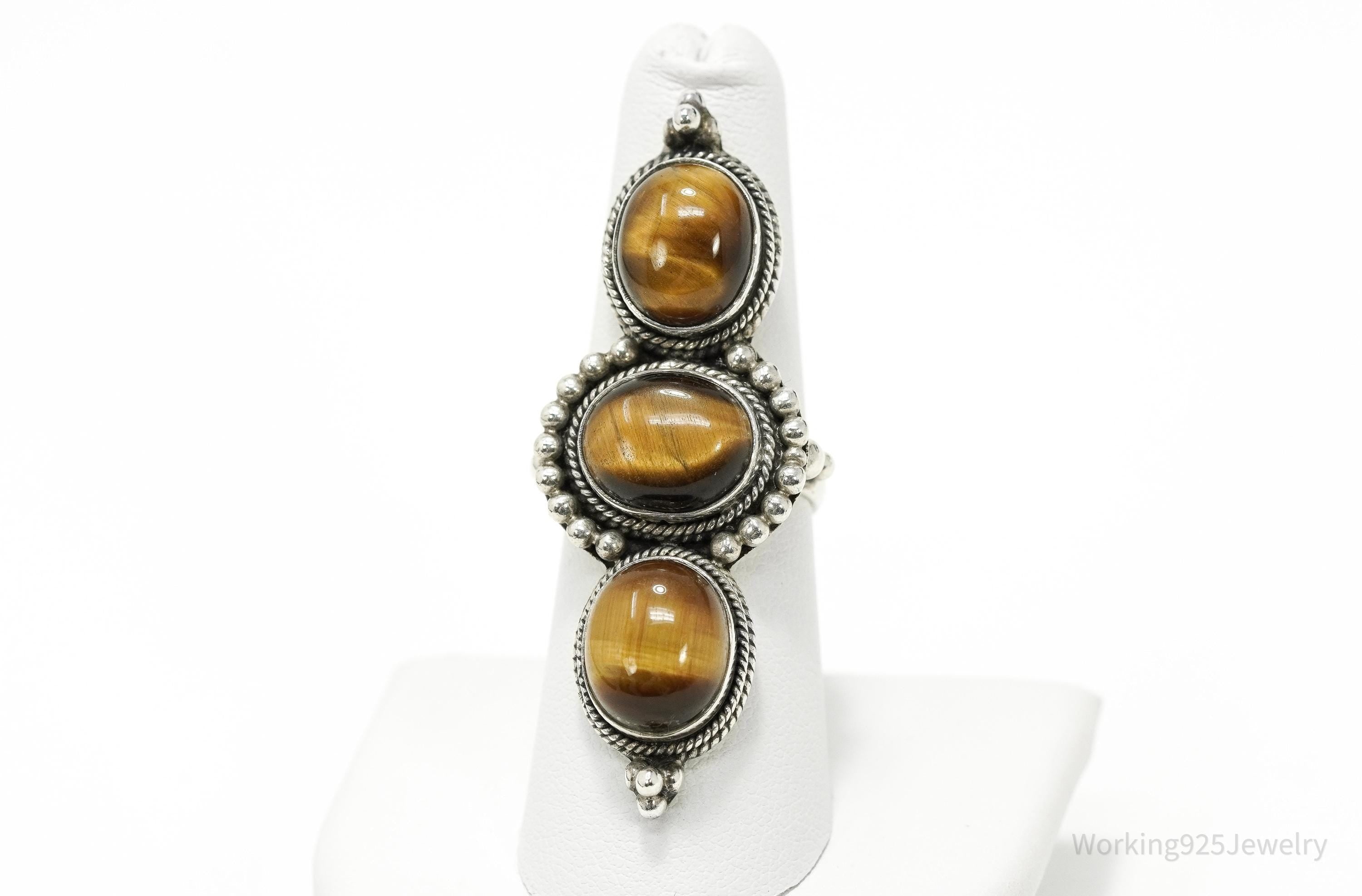 Vintage Boho Tiger’s Eye Sterling Silver Long Statement Ring – Size 7.25