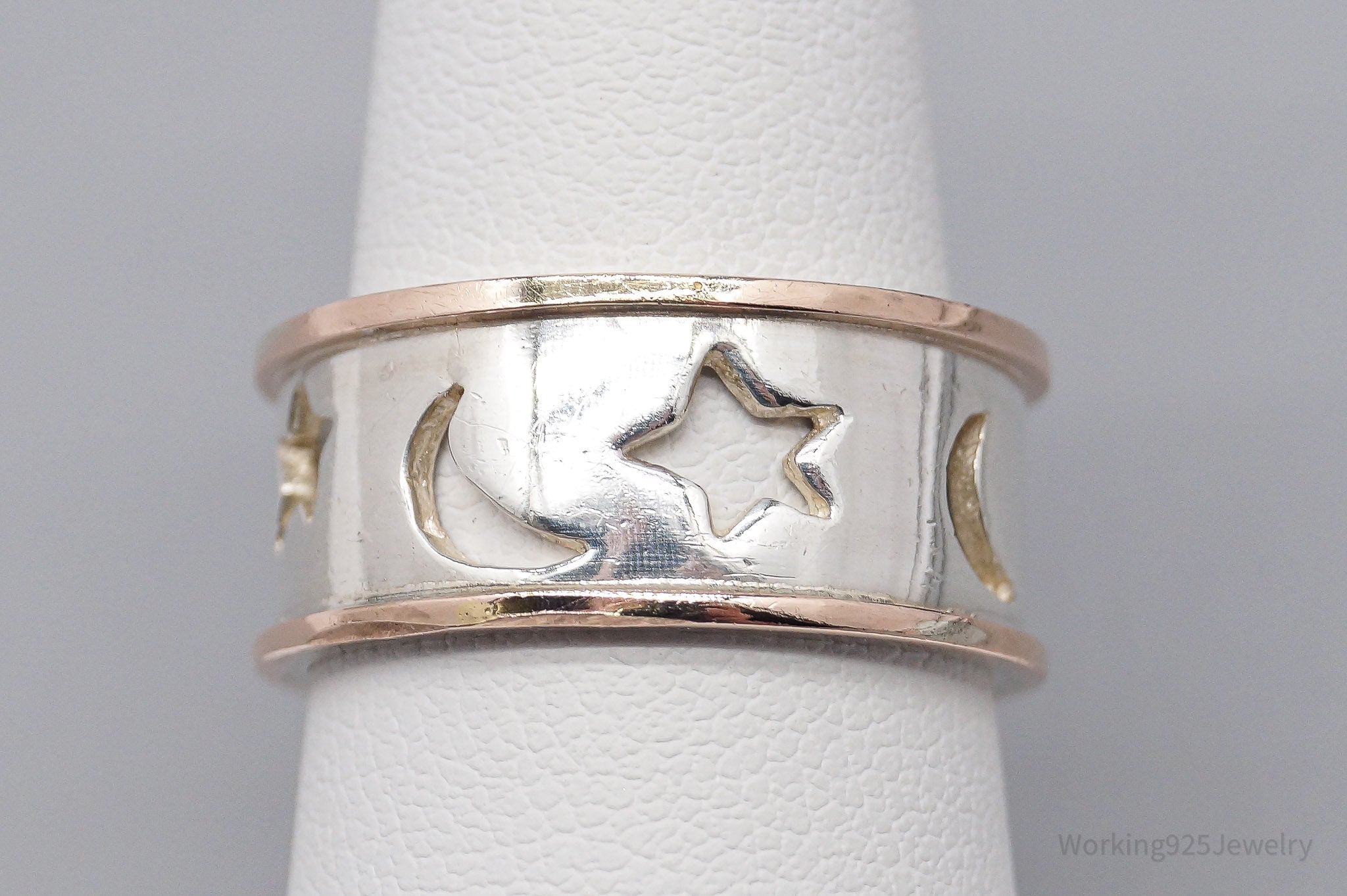 Vintage Moons & Stars Rose Gold Sterling Silver Ring - Size 7.5