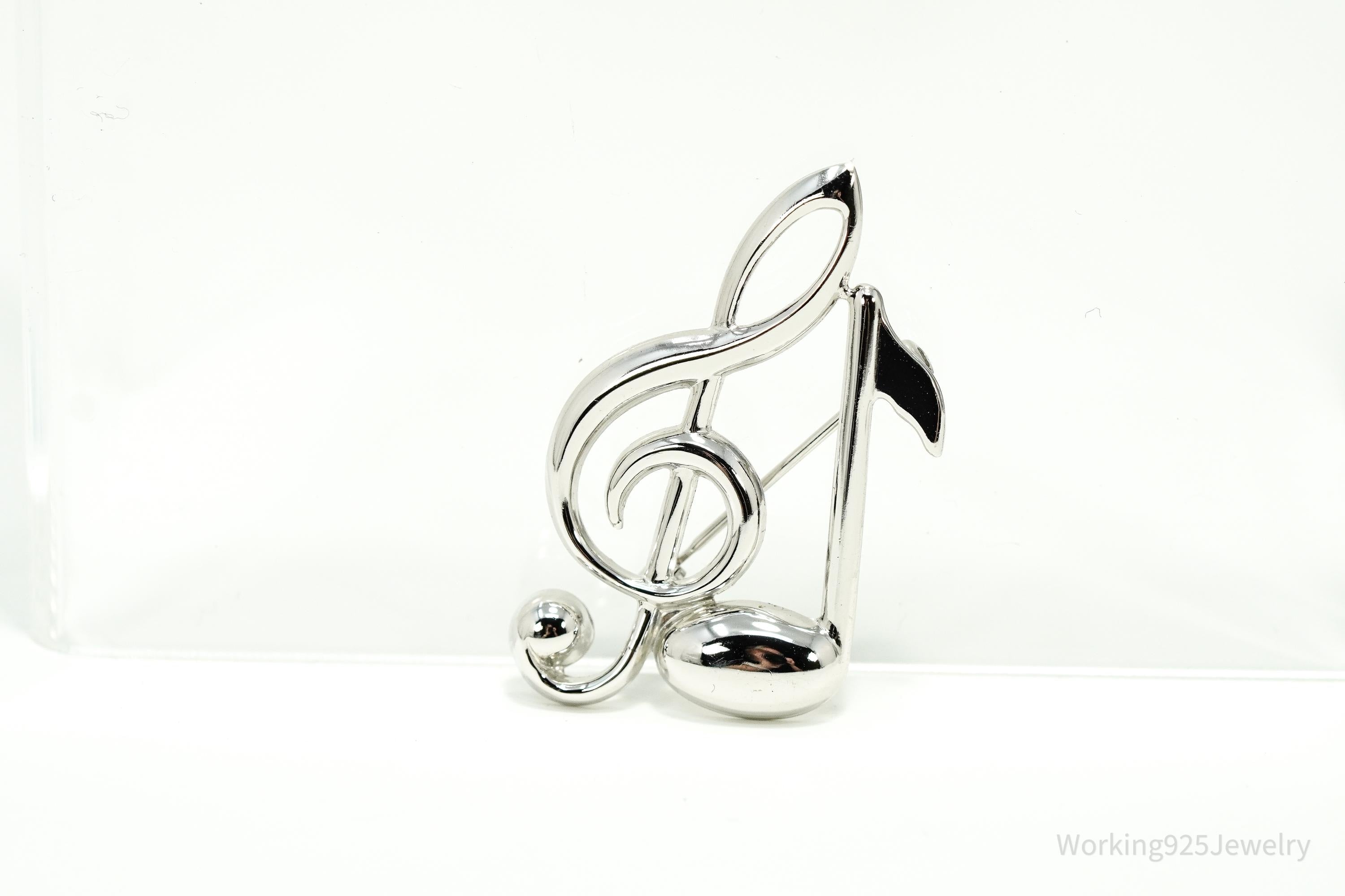 Vintage Puffy Music Notes Sterling Silver Brooch Pin