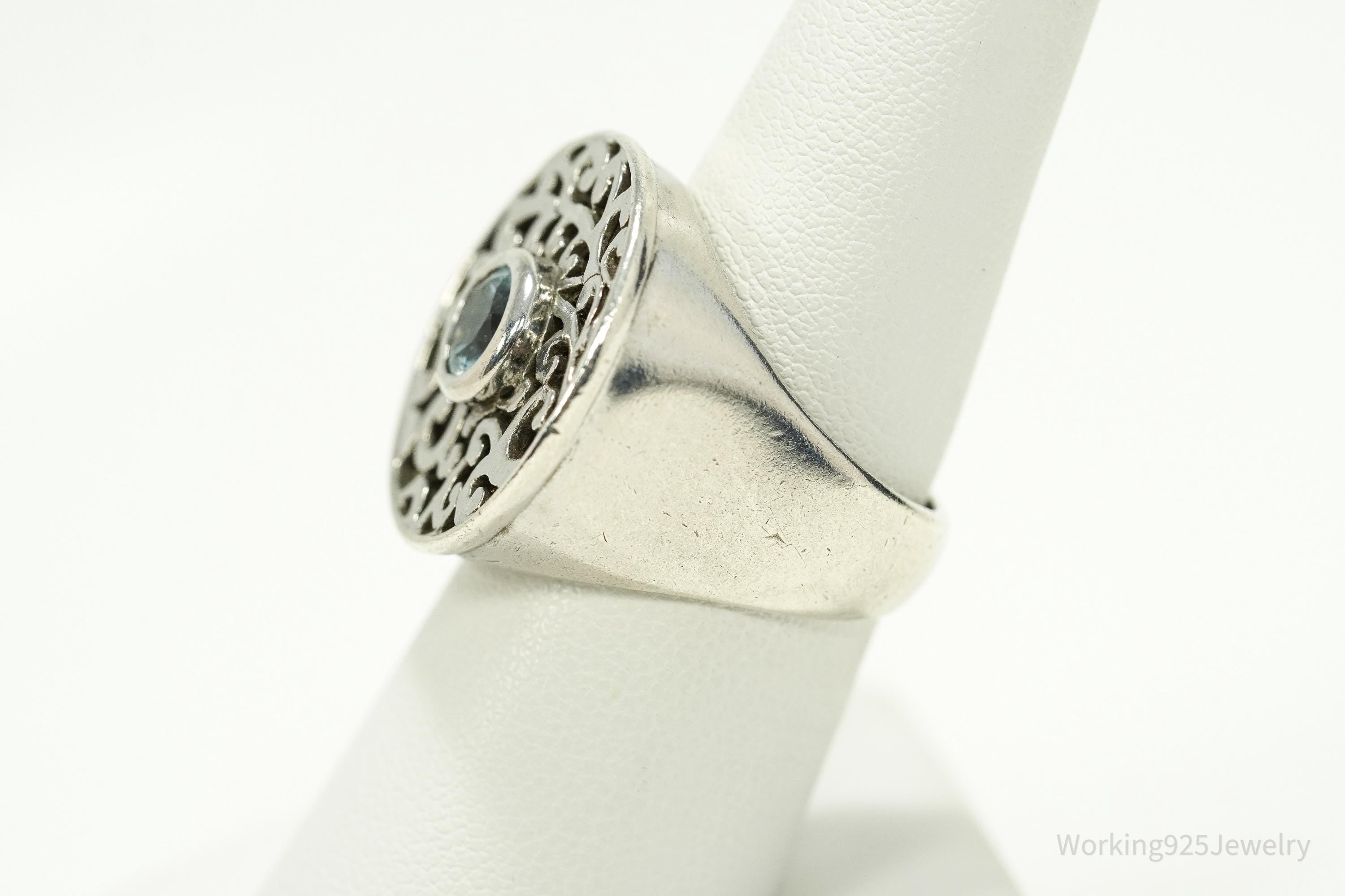 Vintage Blue Topaz Filigree Sterling Silver Ring - Size 7
