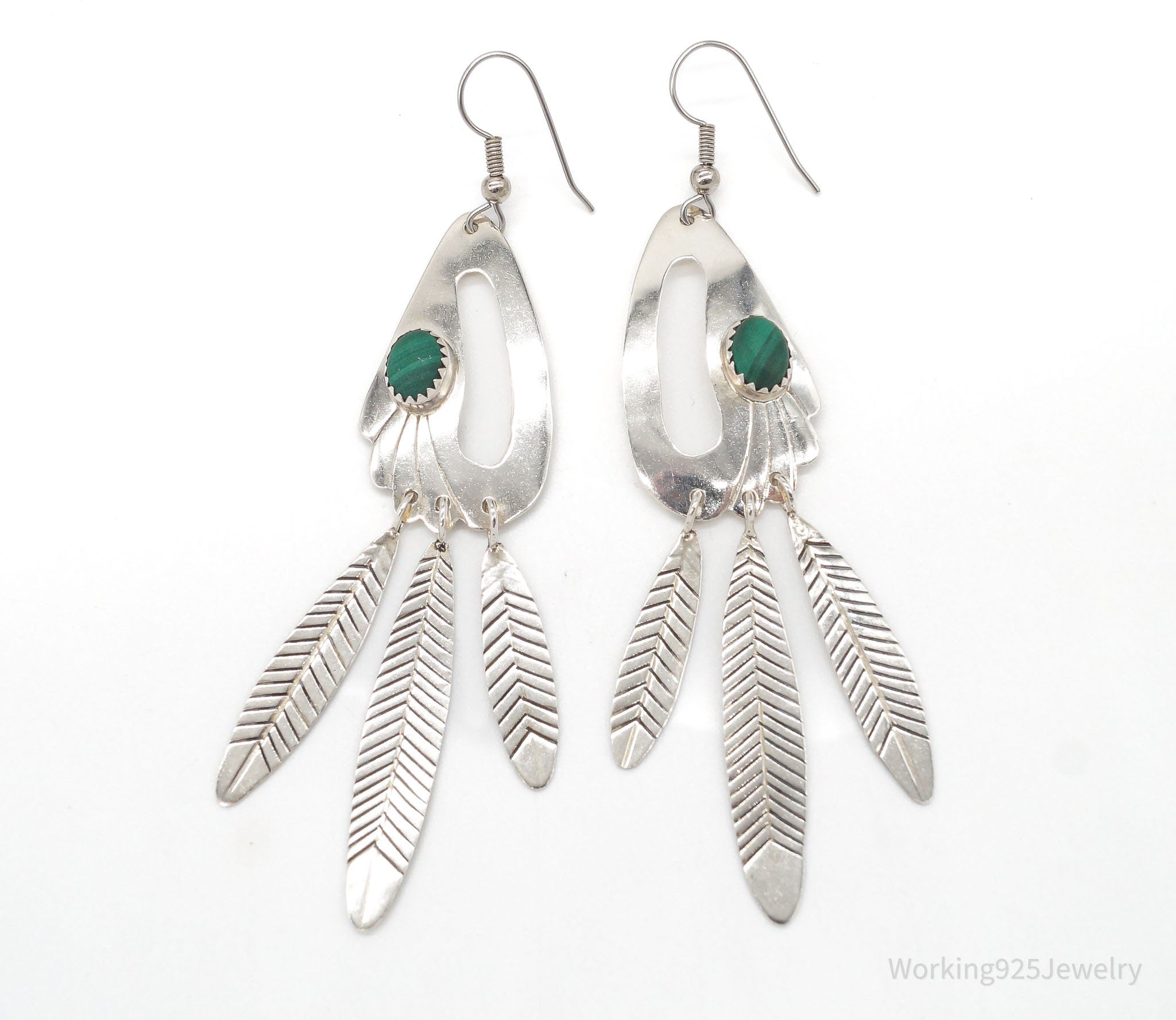 Vintage Native American JL Malachite Sterling Silver Earrings