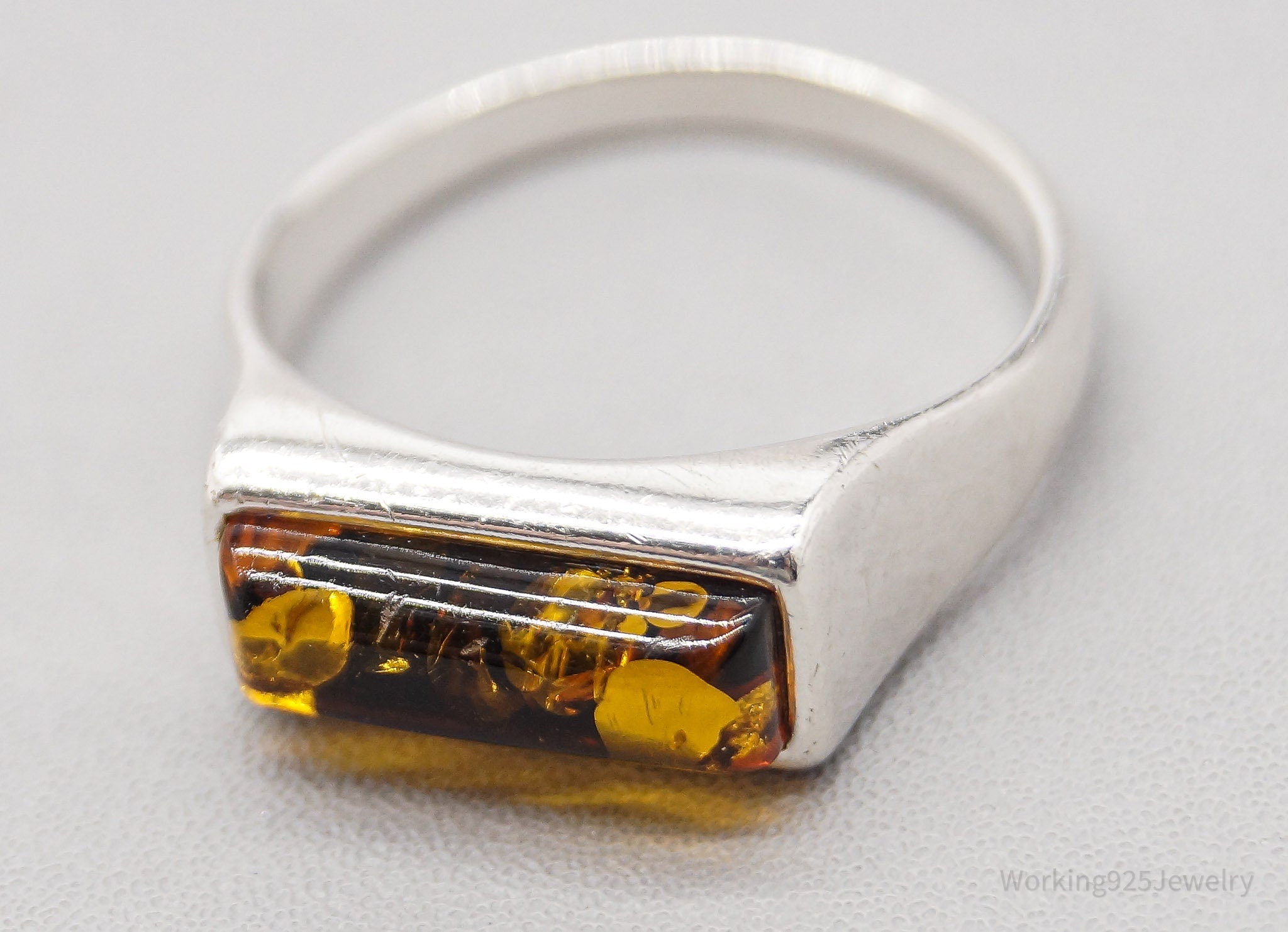 Vintage Amber Modernist Sterling Silver Ring - Size 6.25