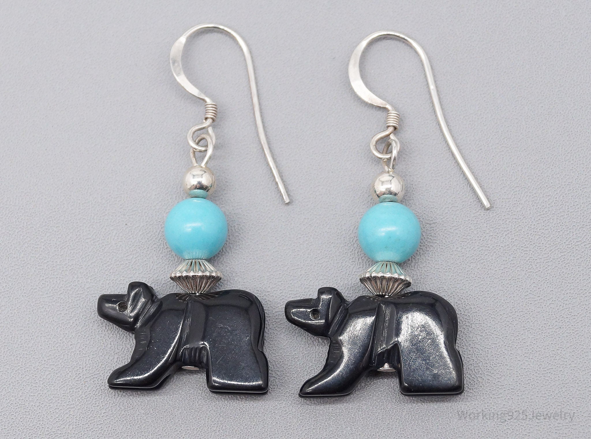 Vintage Turquoise & Carved Black Onyx Bears Sterling Silver Earrings