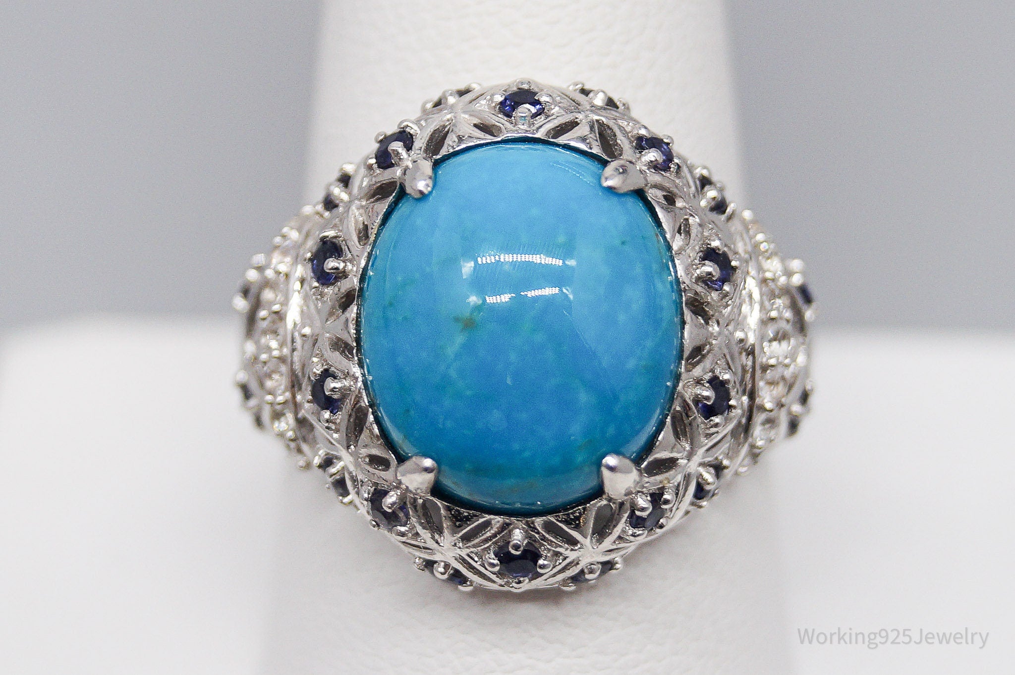 Vintage Turquoise Iolite Cubic Zirconia Sterling Silver Ring - Size 10