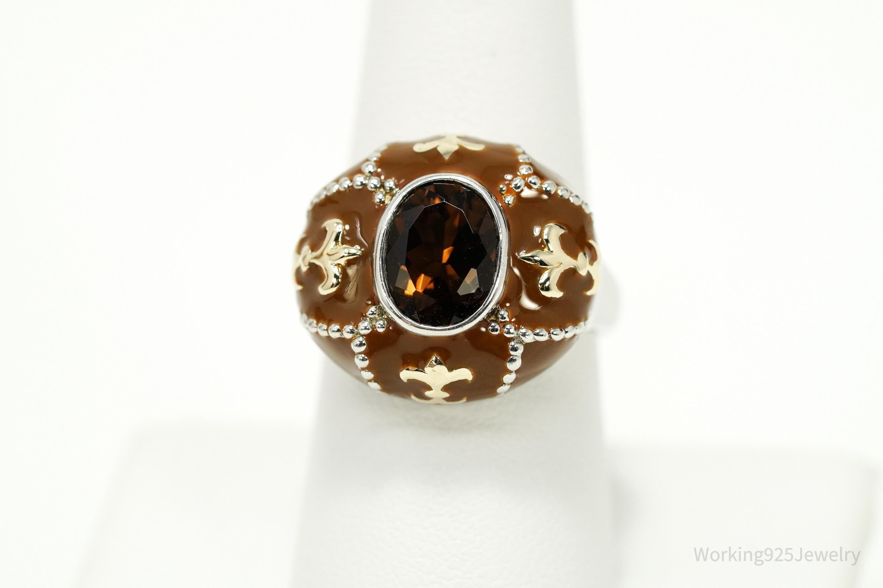 Vintage Y2K Smoky Topaz Enamel Dome Gold Vermeil Sterling Silver Ring Size 8