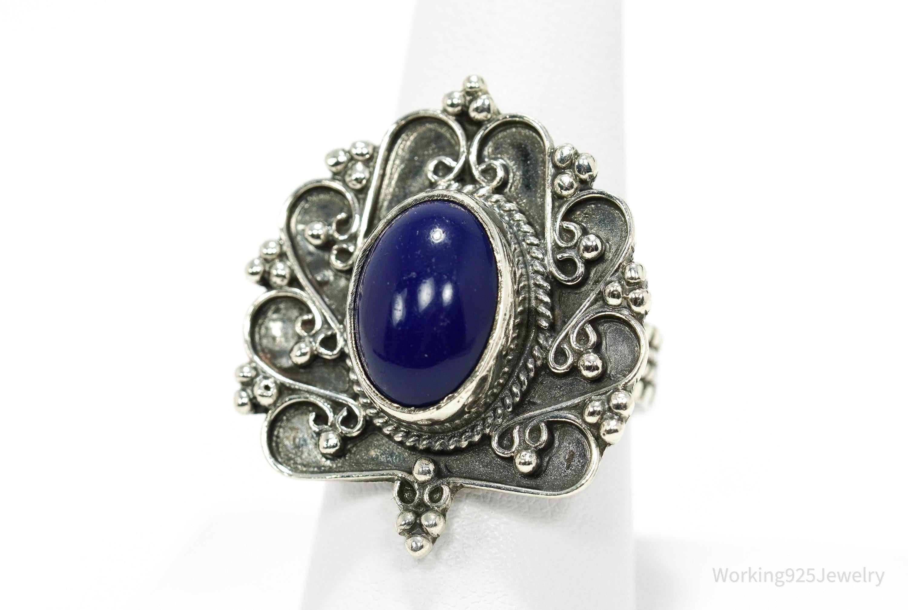Vintage Egyptian Revival Style Blue Lapis Lazuli Silver Ring - Size 8.25