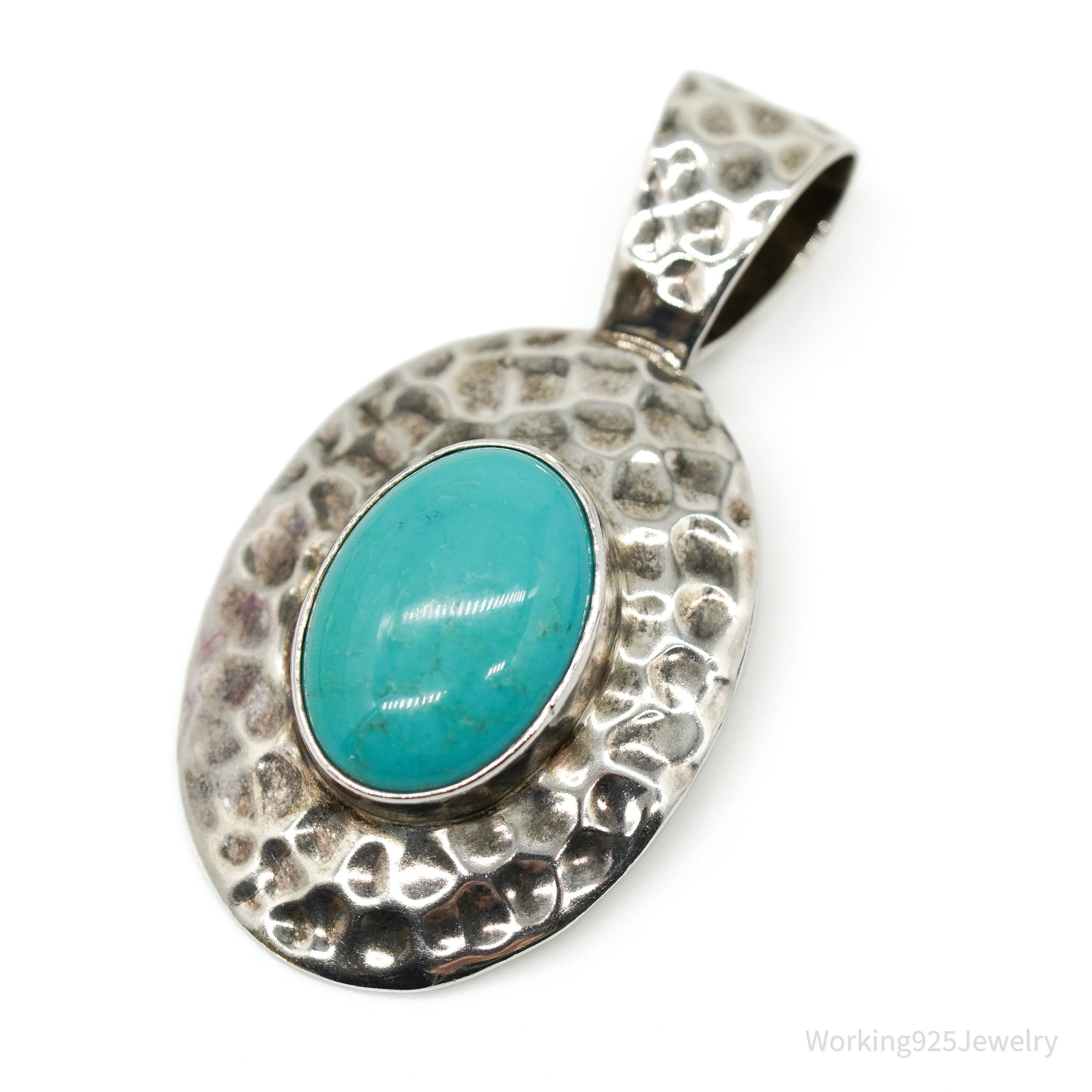 Vintage Large Blue Turquoise Sterling Silver Pendant 1 15/16"