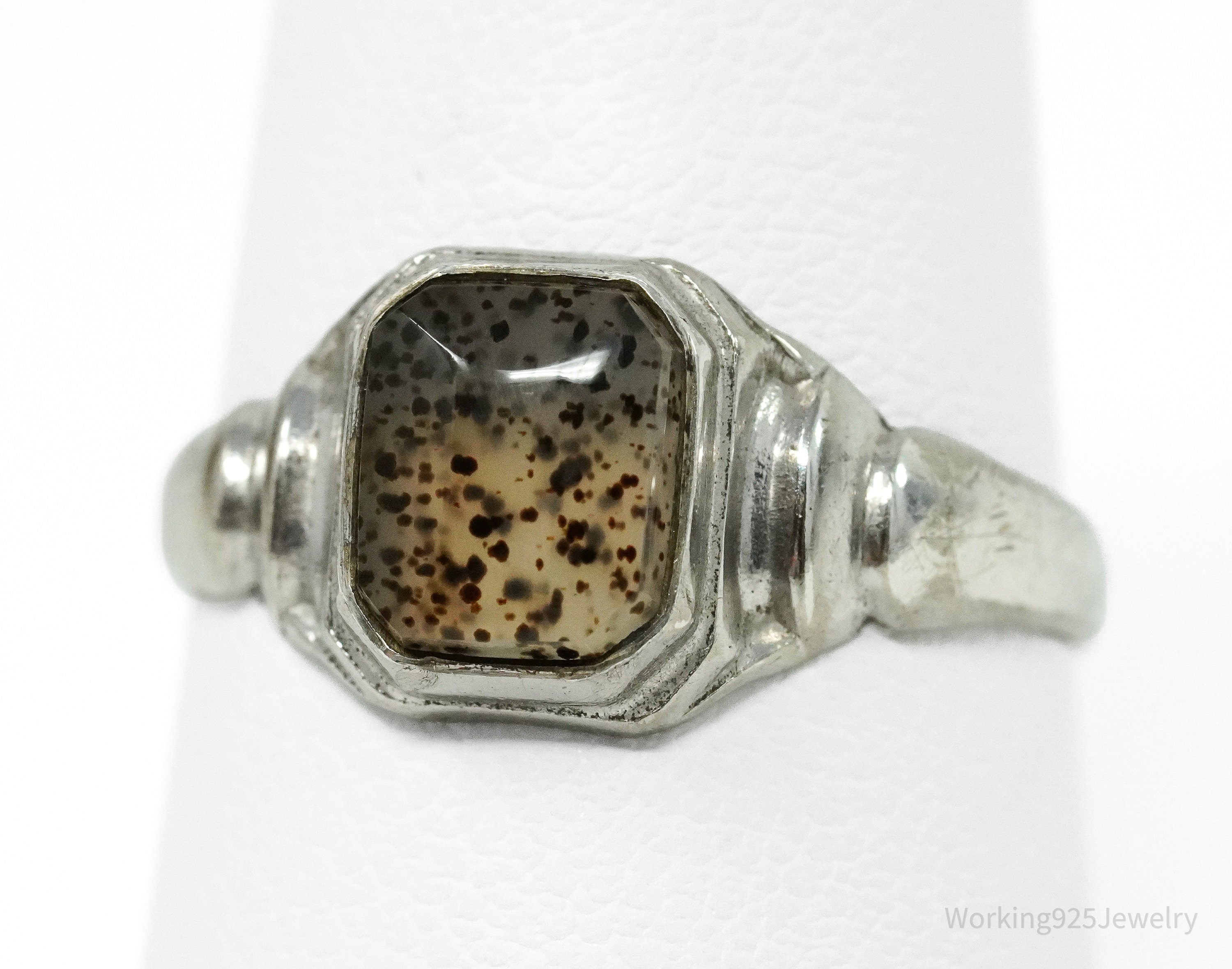 Antique Edwardian Ostby & Barton Moss Agate Sterling Silver Ring Size 7.5