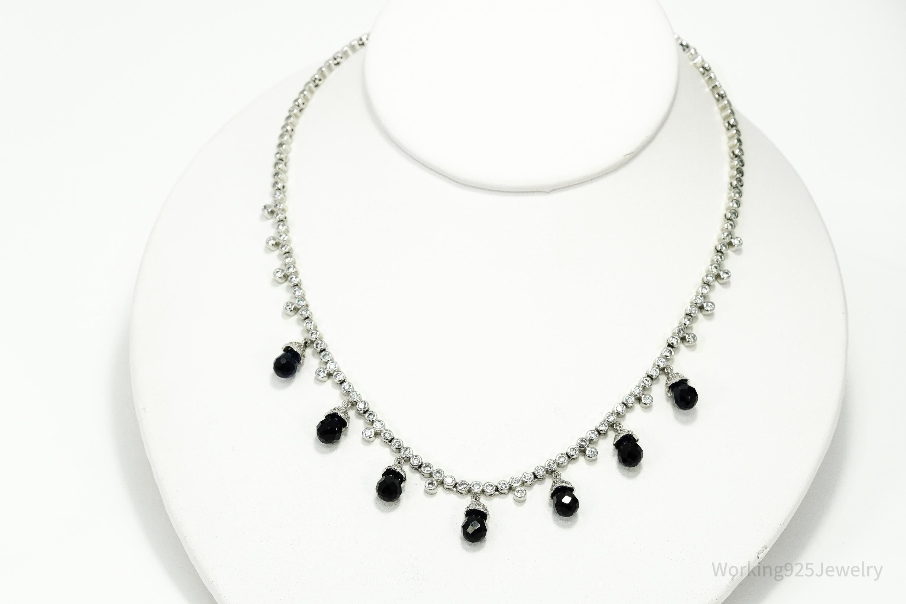 Vintage Lab Created Sapphire & Cubic Zirconia Sterling Silver Necklace 16"