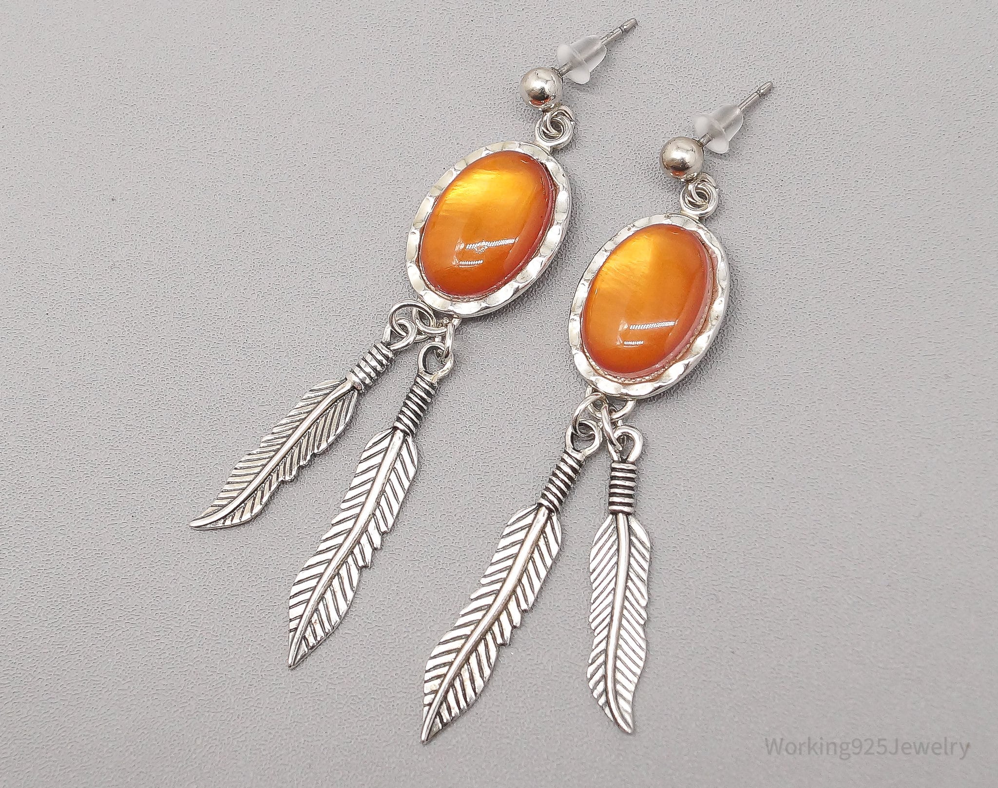 Vintage WMCO Orange Stone Feather Sterling Silver Earrings