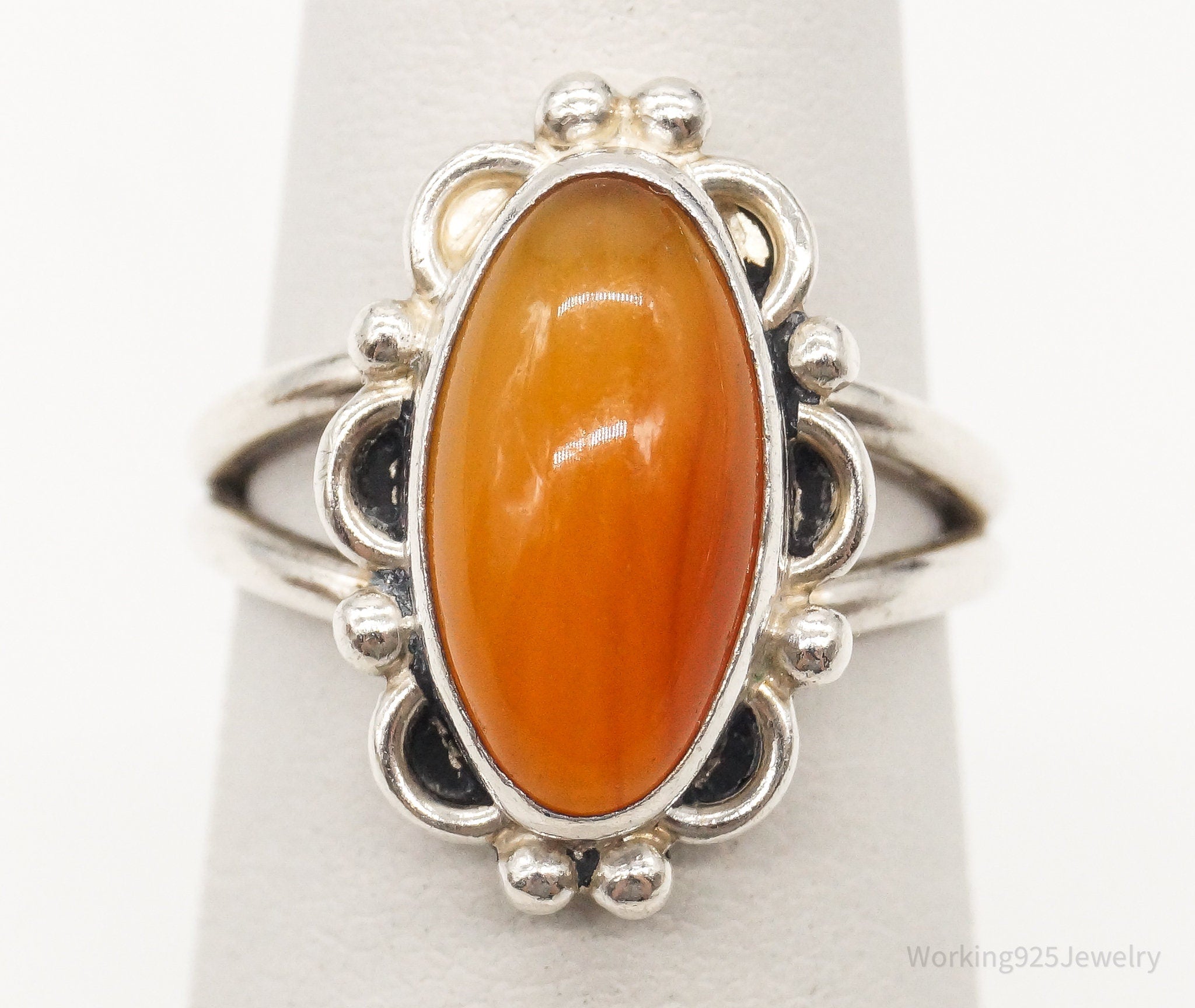 Vintage Orange Sunset Agate Silver Ring - Size 5.25