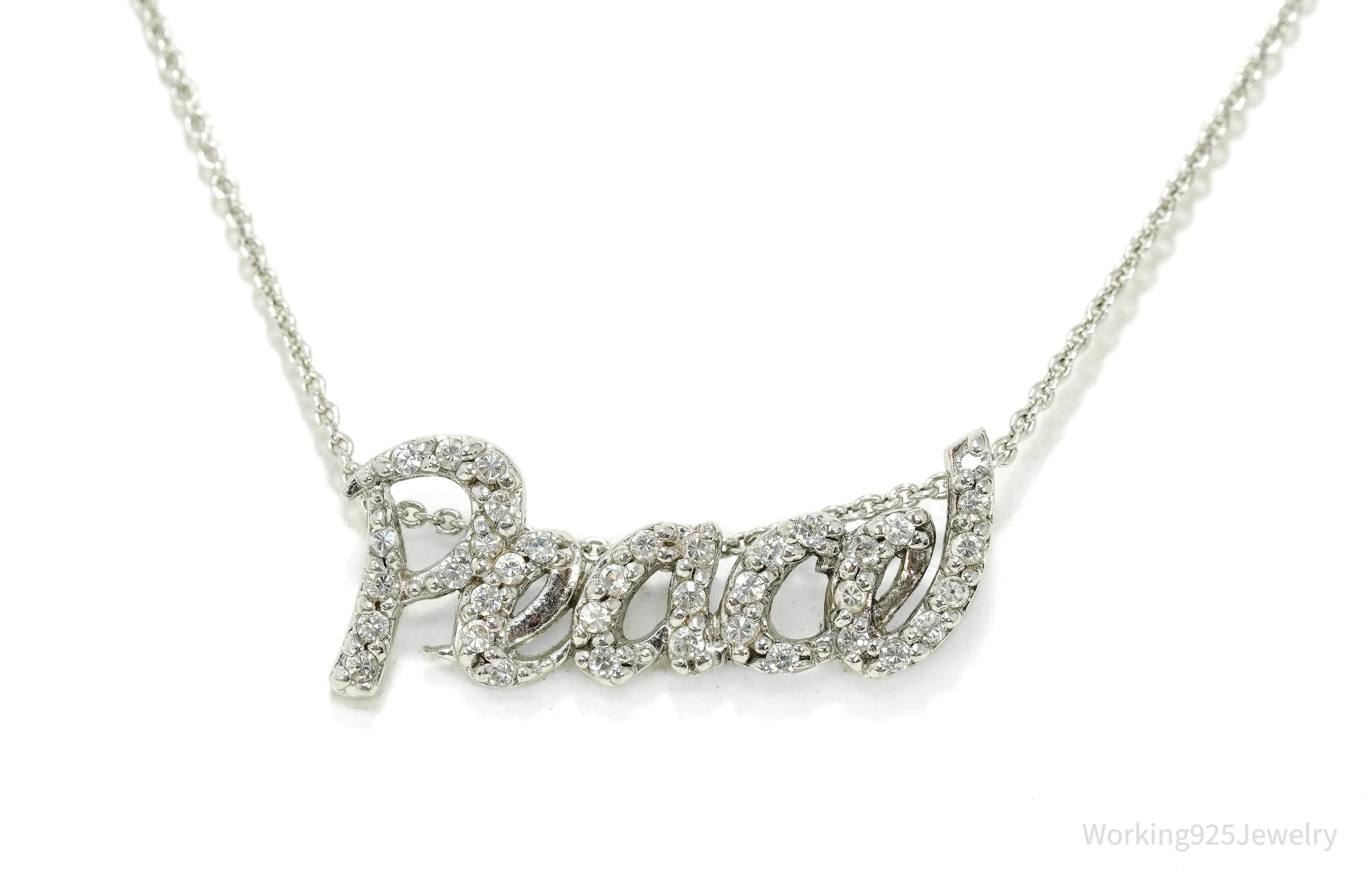 Vintage Cubic Zirconia "Peace" Sterling Silver Necklace 20"