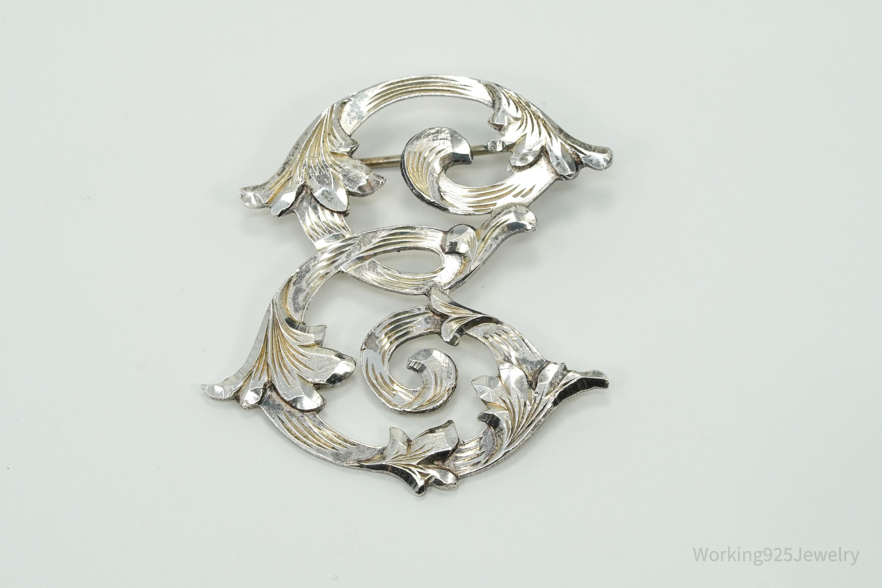 Large Vintage Mexico "E" Sterling Silver Brooch Pin