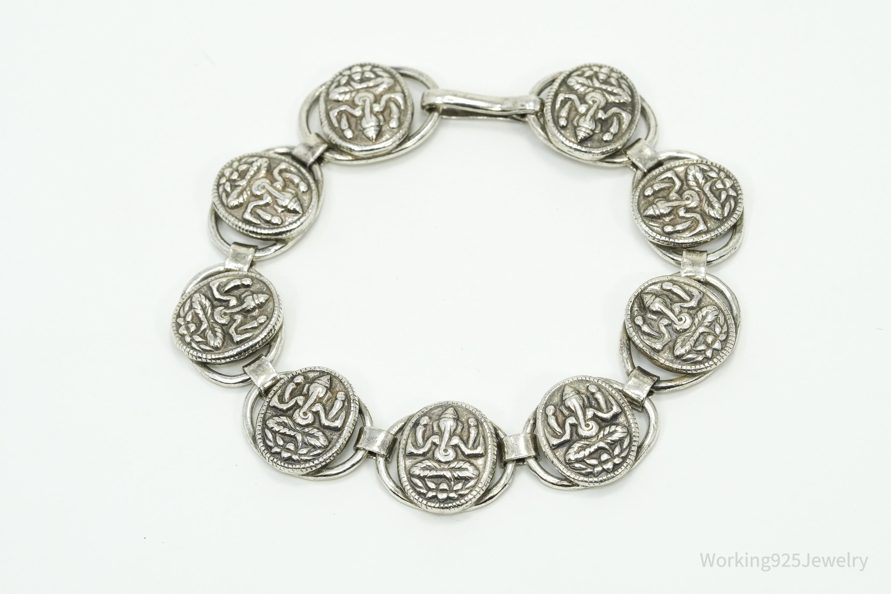 Vintage Ganesha Sterling Silver Bracelet 7.25"