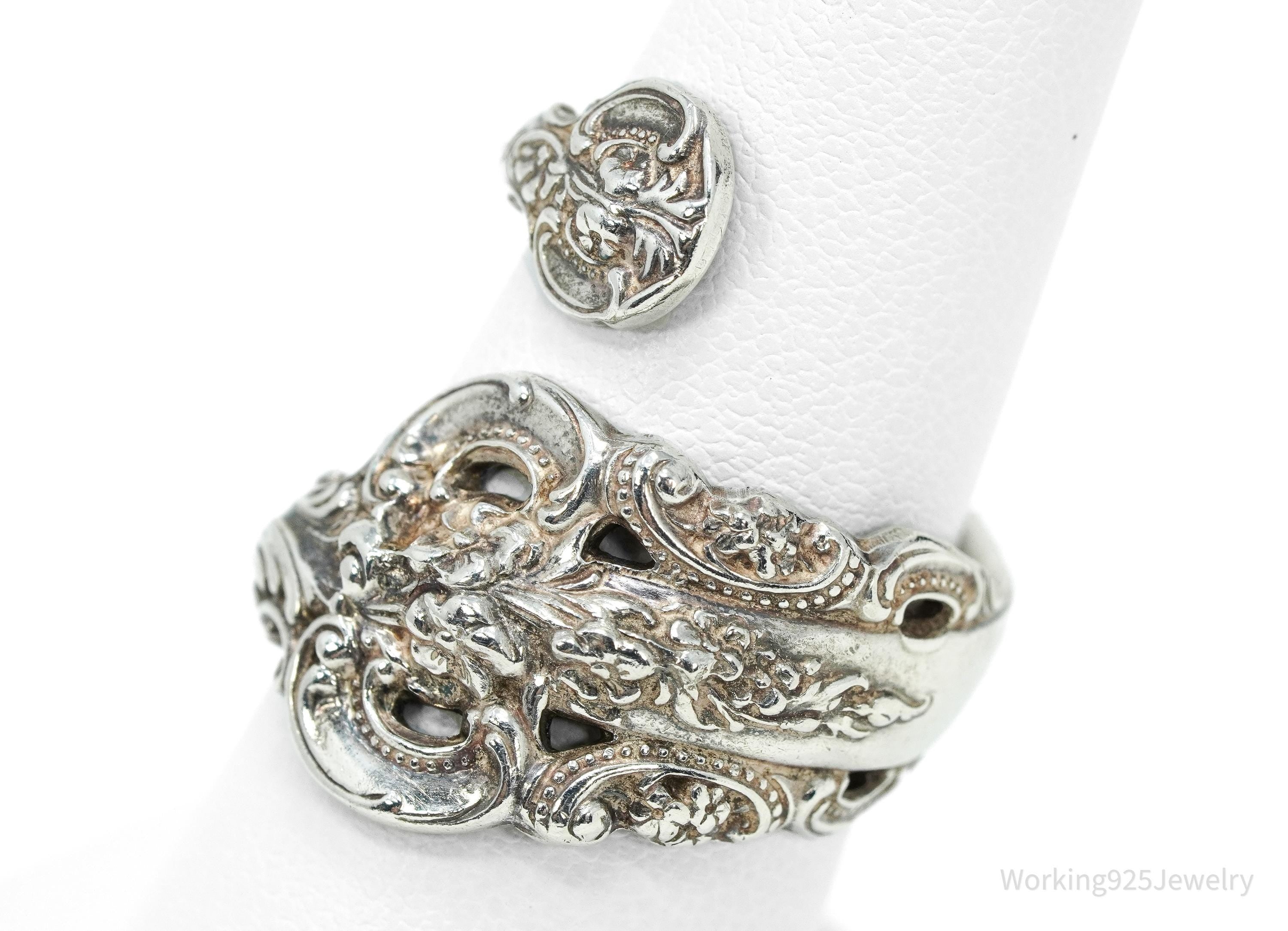 Antique WALLACE Art Nouveau Floral Sterling Silver Spoon Ring - Size 7