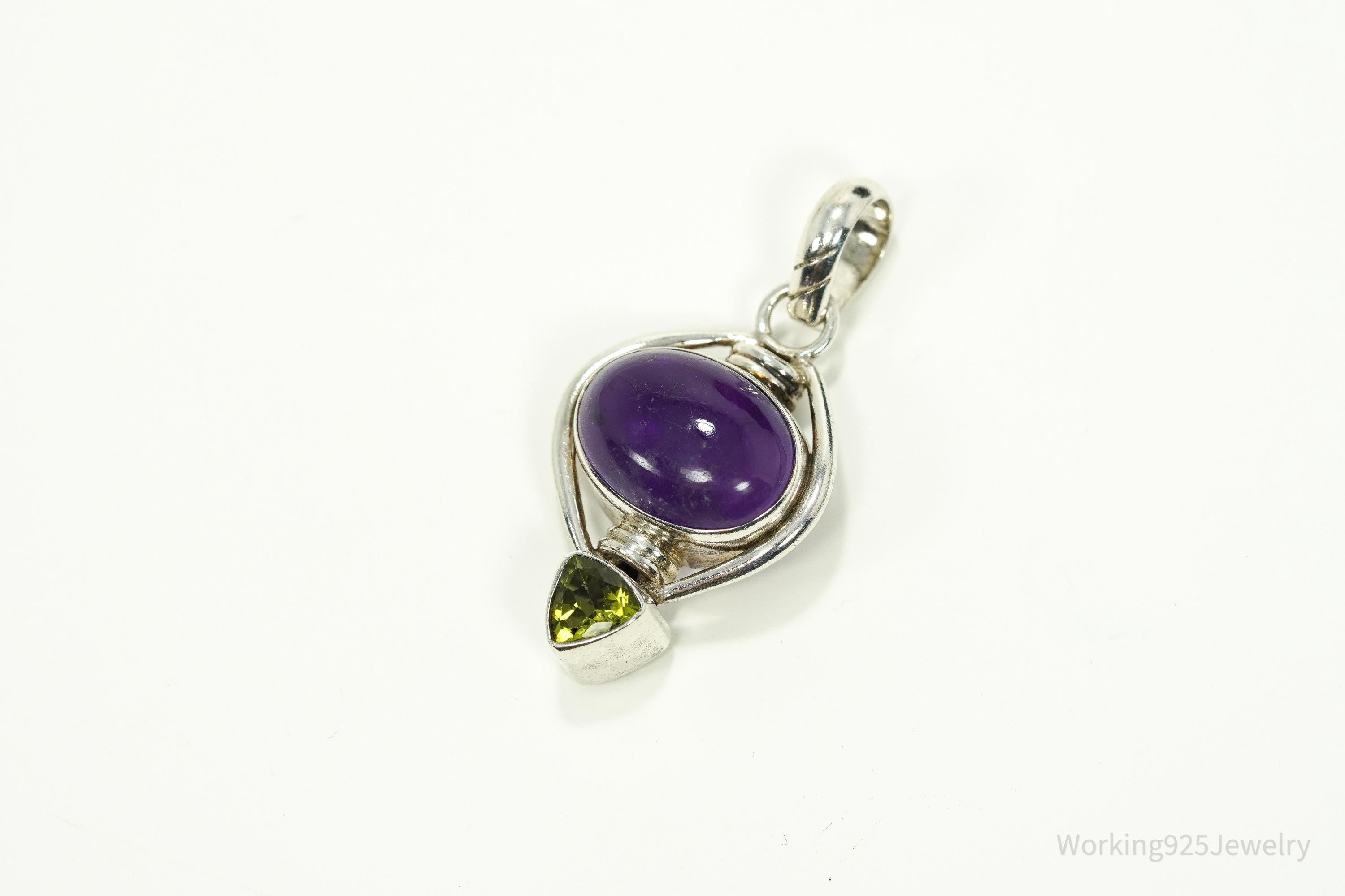 Vintage Amethyst Peridot Sterling Silver Bali Style Necklace Pendant