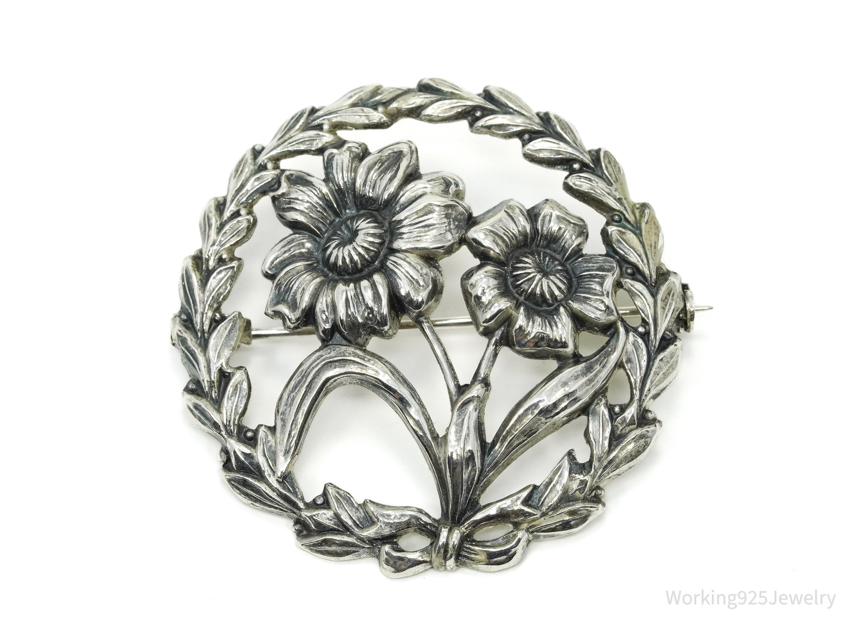 Antique Floral Wreath Sterling Silver Brooch Pin