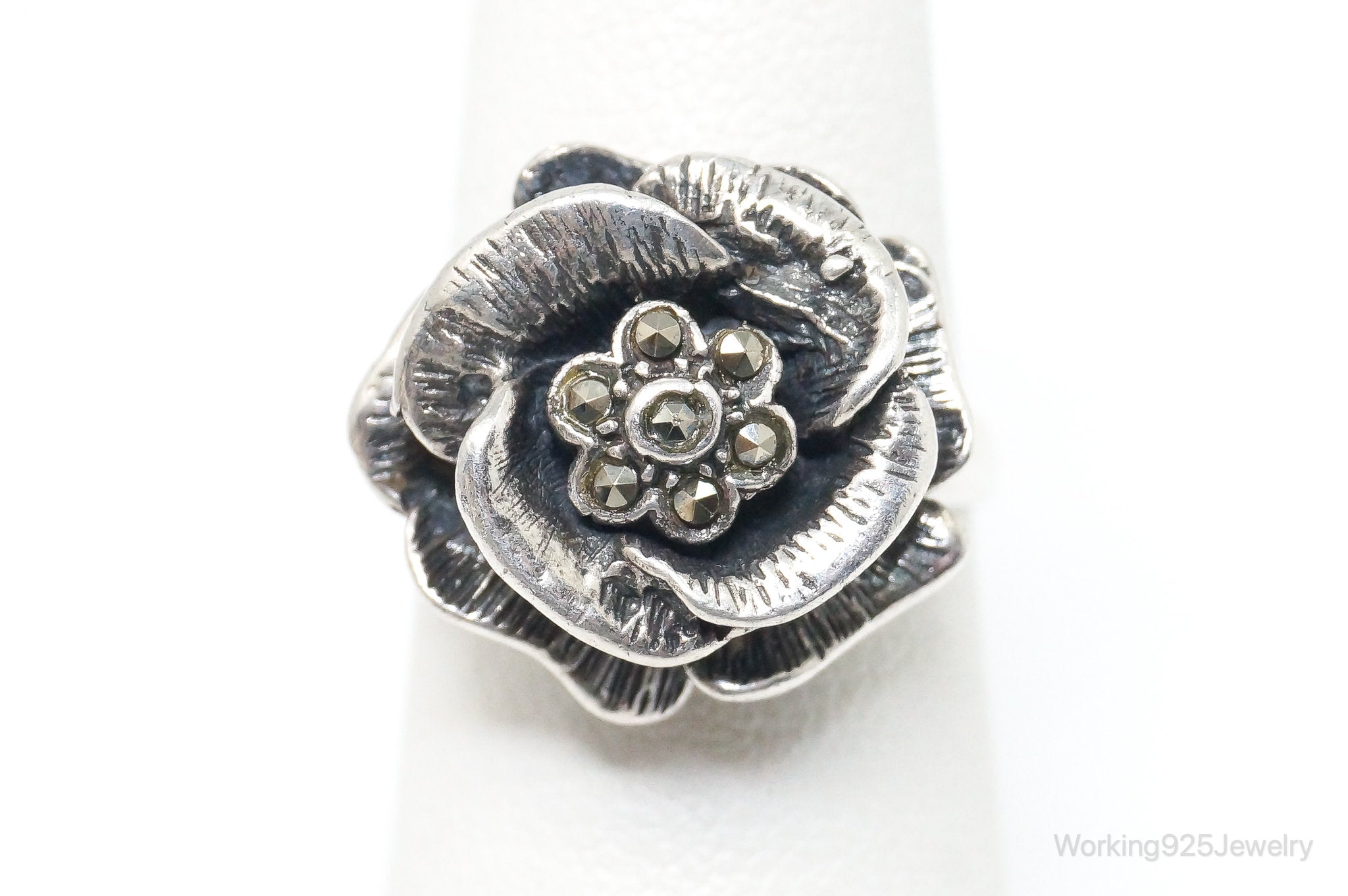 Vintage Marcasite Rose Sterling Silver Ring SZ 6