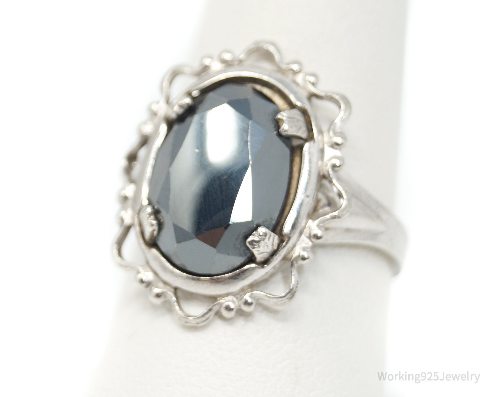 Vintage Oval Hematite Sterling Silver Ring - Sz 8.75