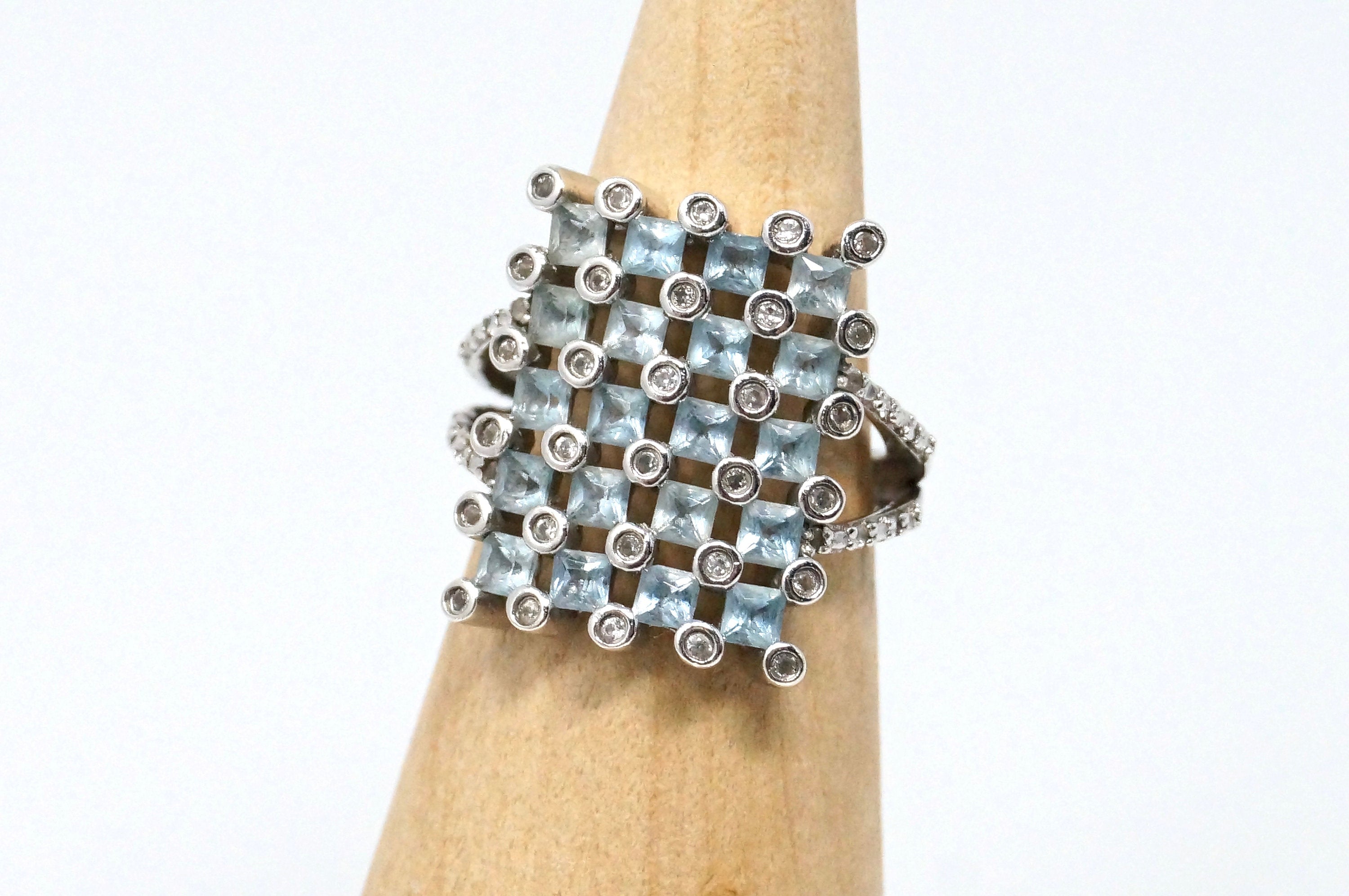 Vintage Mid Century Style Blue Topaz CZ Statement Ring Sterling Silver Size 5.75