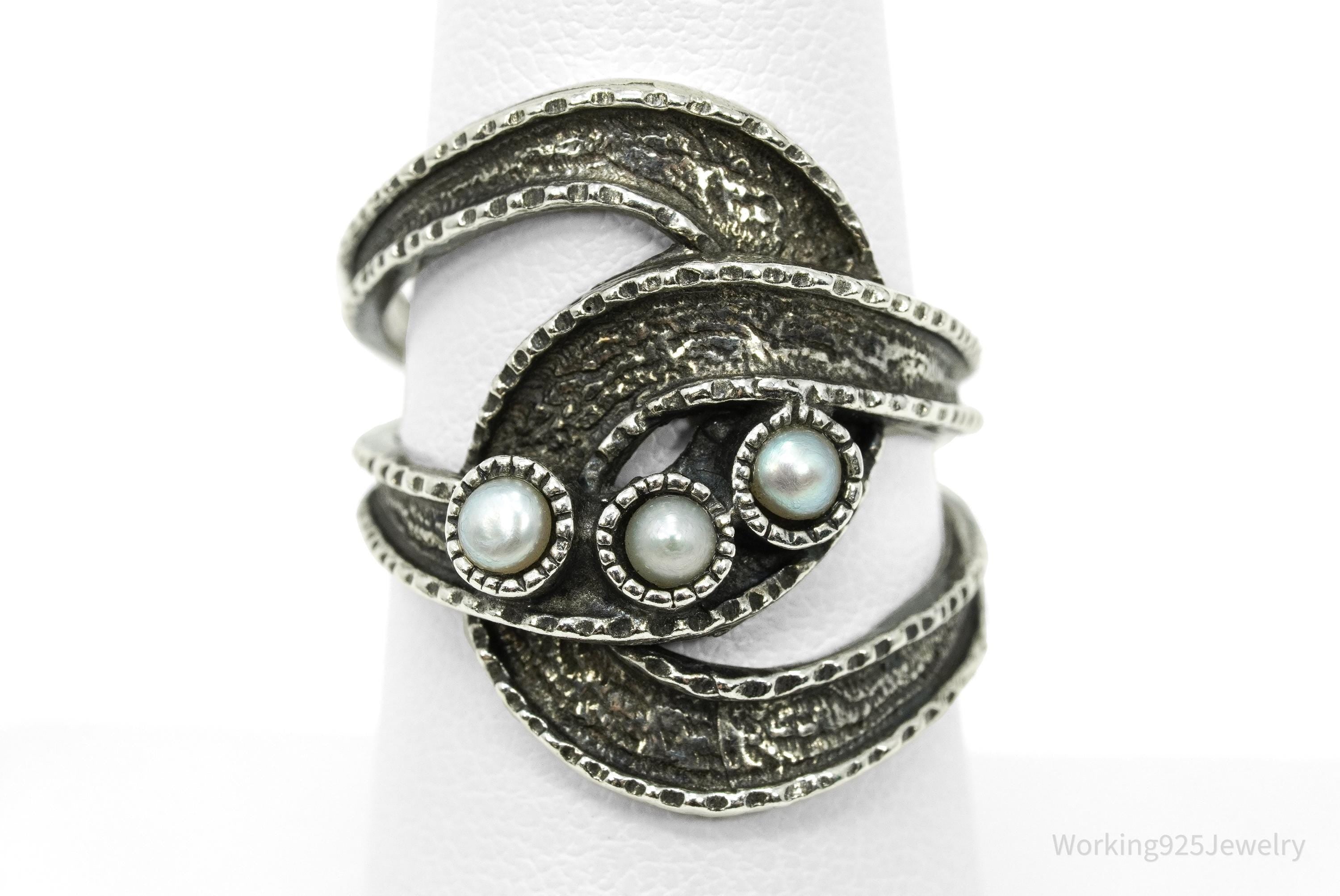 Vintage Pearls Modernist Style Sterling Silver Ring - Size 7.25