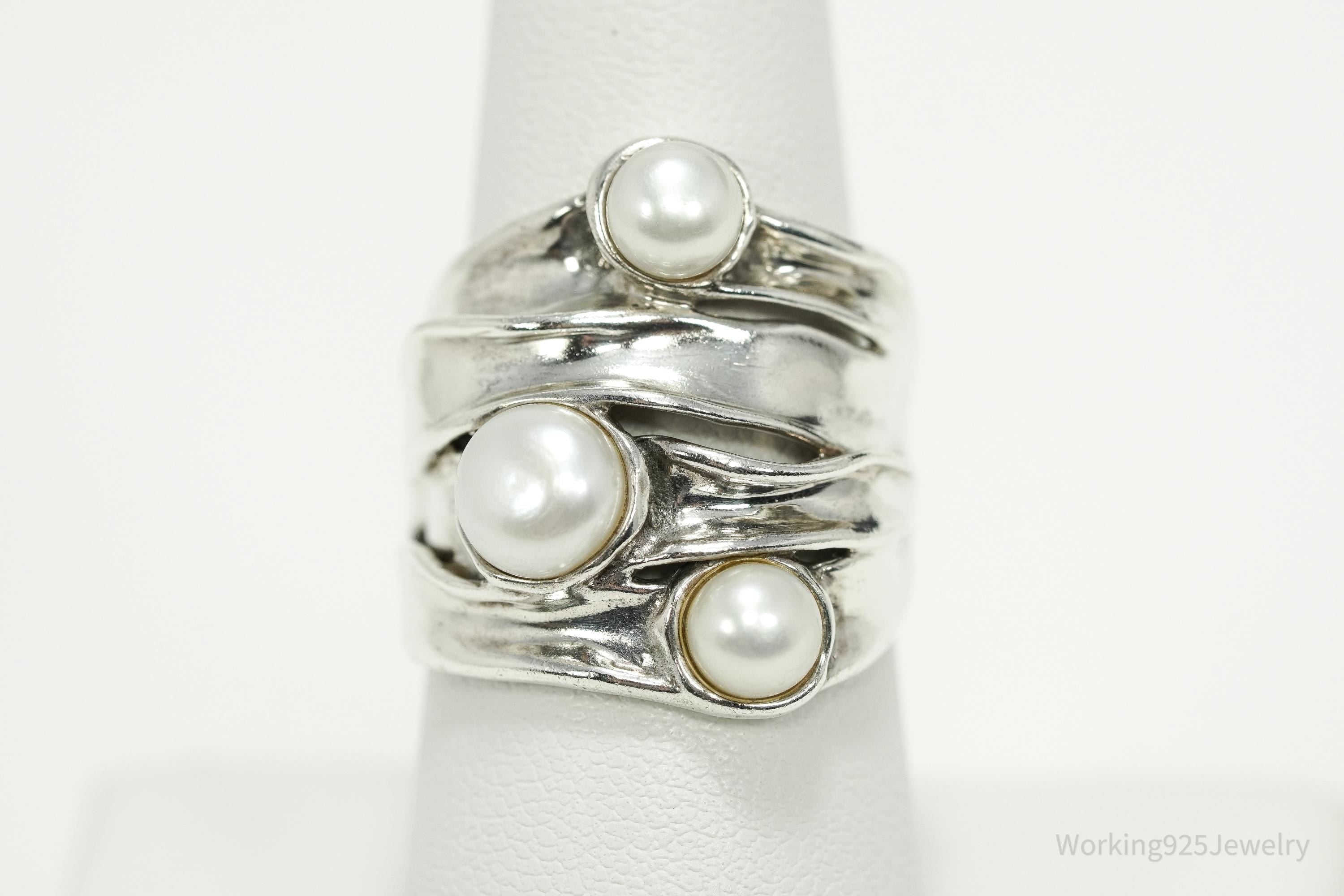 Vintage Designer Hagit Gorali Pearl Sterling Silver Ring - Size 7.25