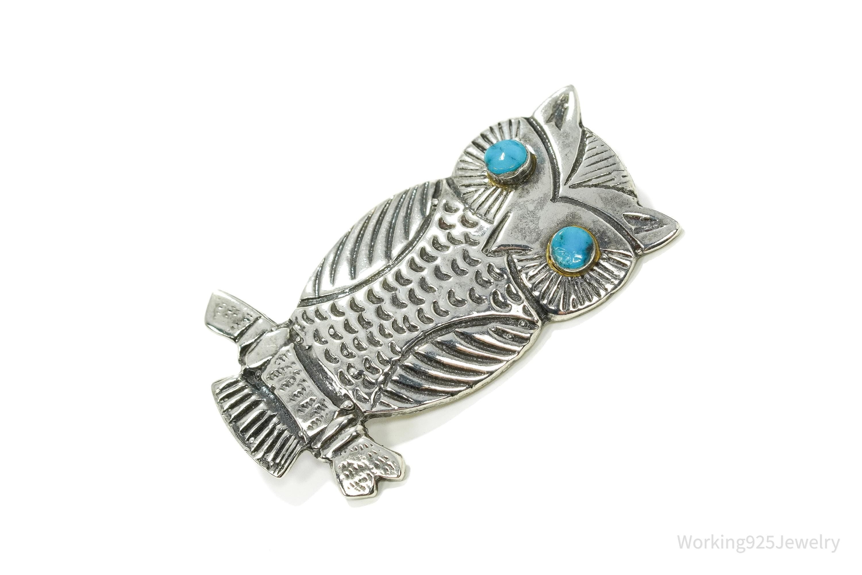 Vintage Turquoise Eyes Owl Silver Pin Brooch