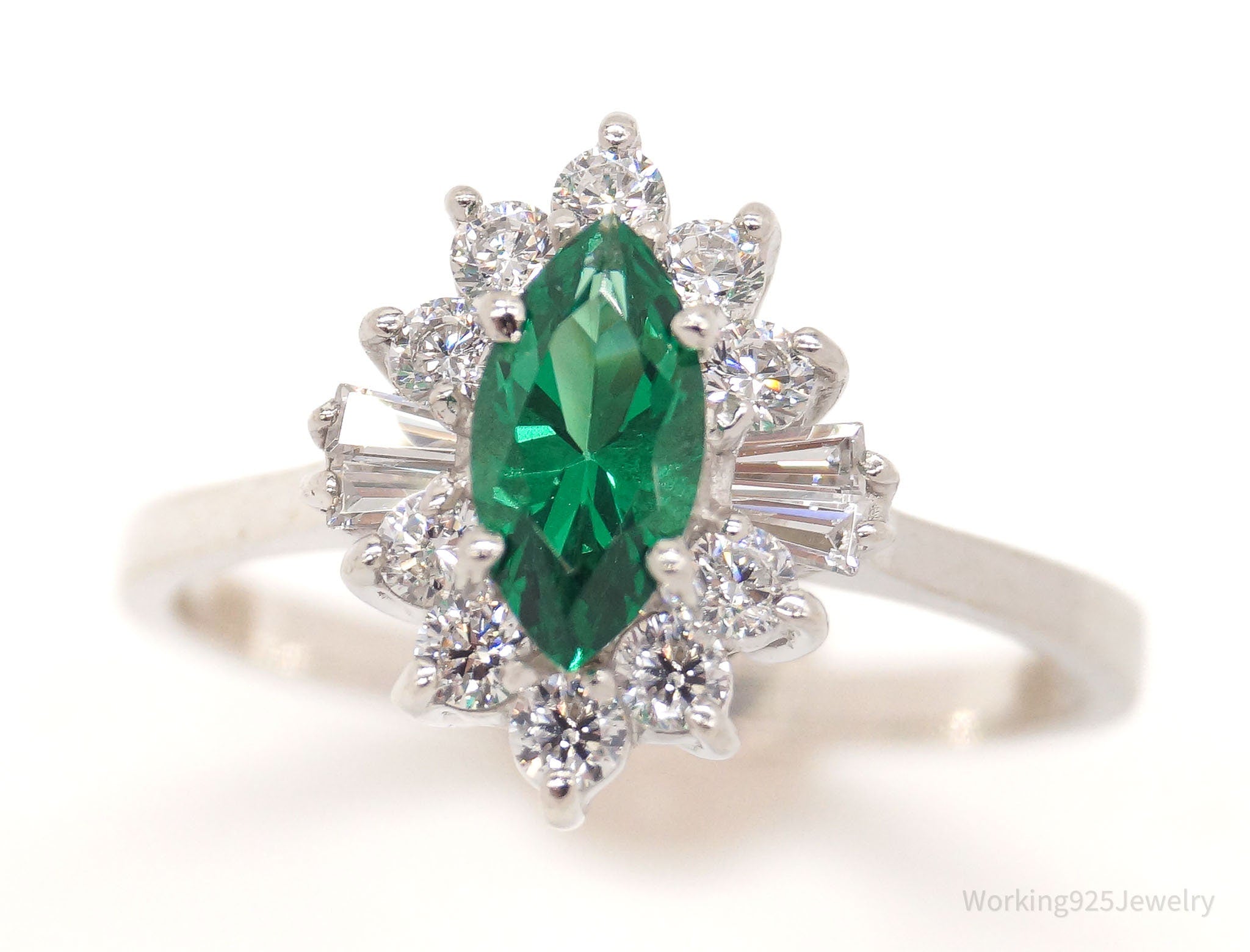 Vintage Lab Emerald Cubic Zirconia Sterling Silver Ring - Size 6.75