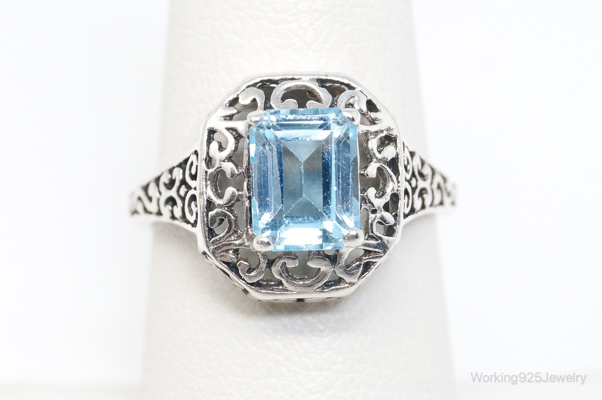 Vintage Blue Topaz Art Deco Sterling Silver Ring - Size 6.75