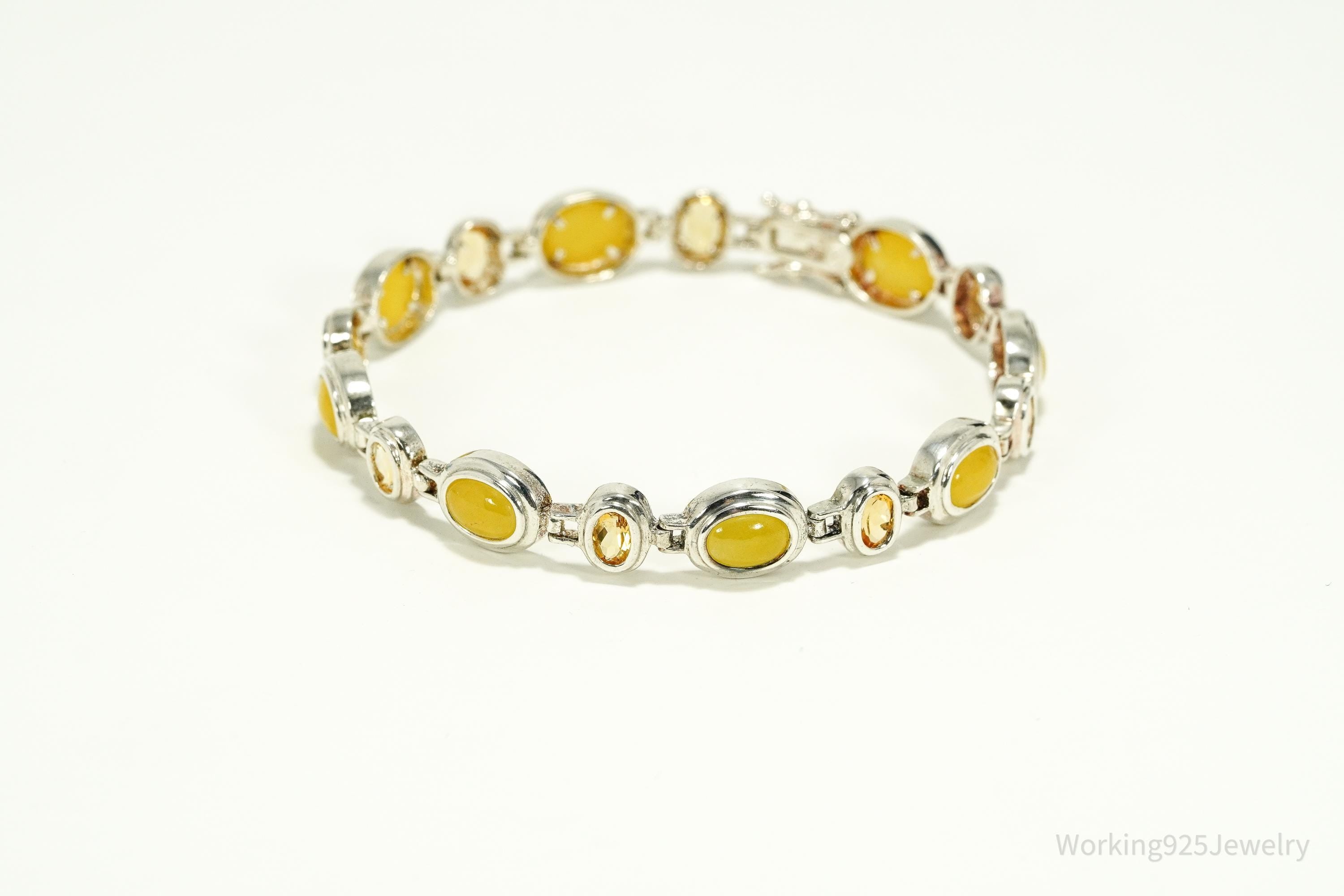 Vintage Yellow Jade & Citrine Sterling Silver Bracelet 7 7/8"
