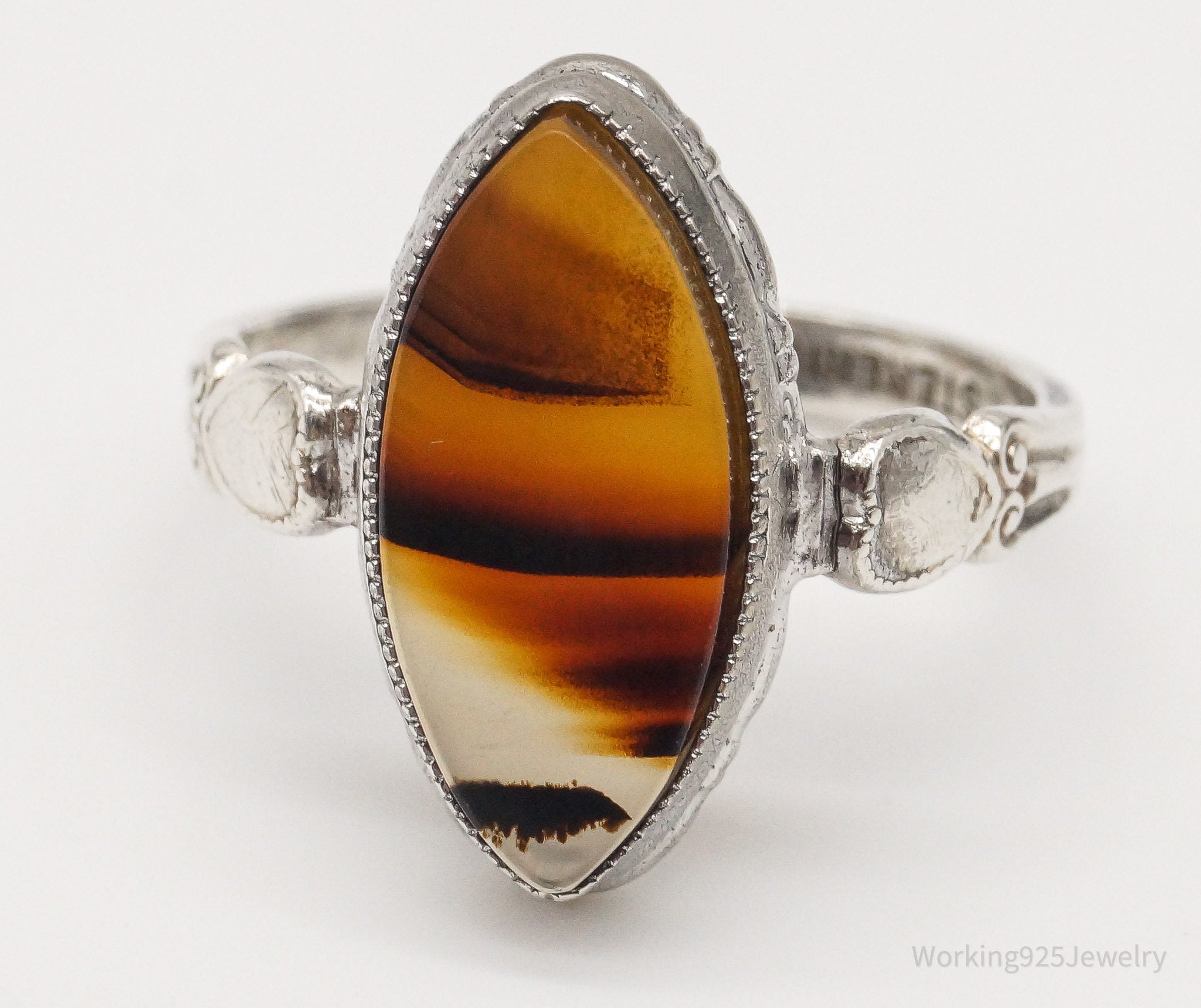 Antique Designer Clark Coombs Agate Sterling Silver Ring Size 7.5