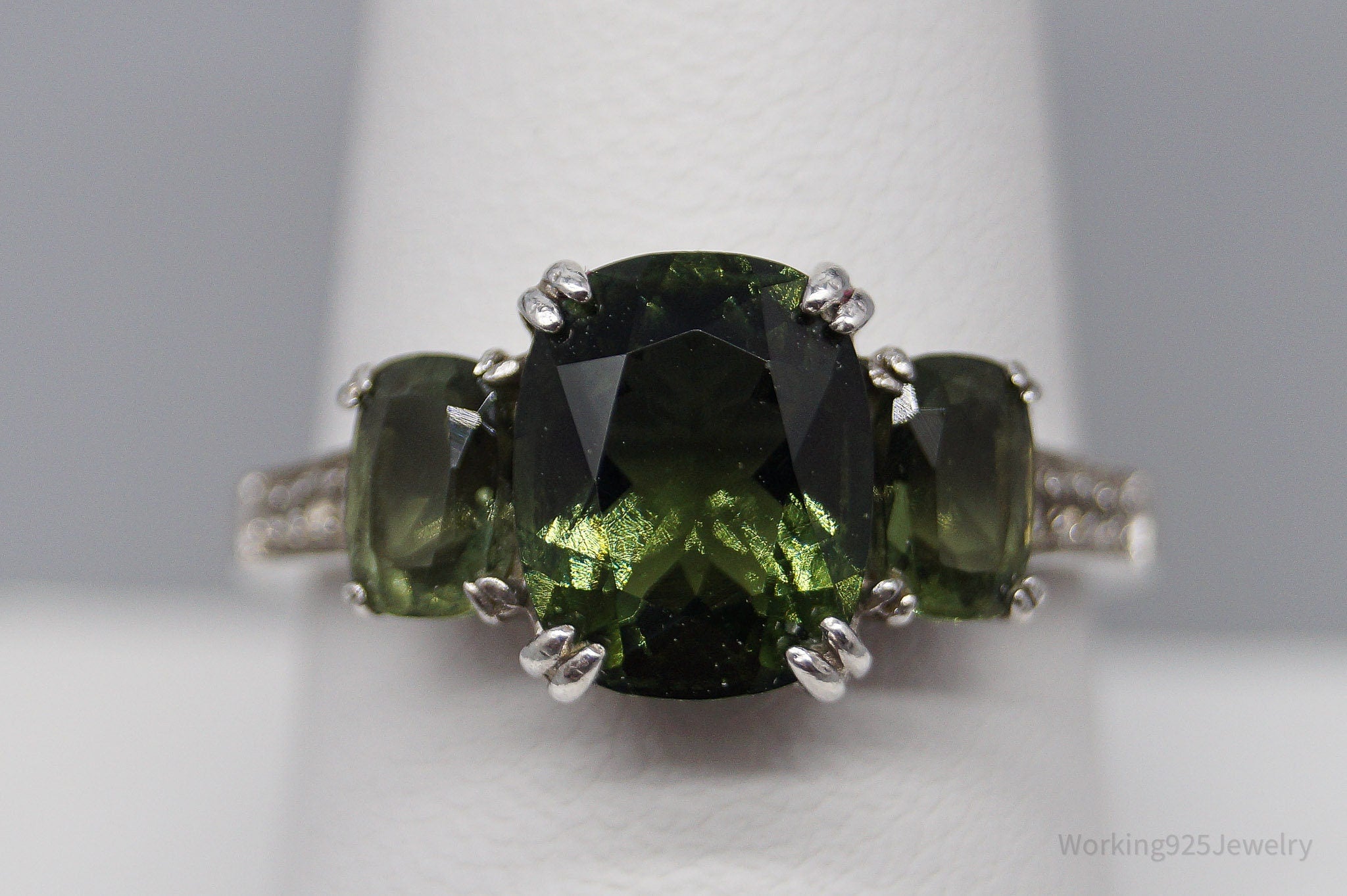 Vintage JTV's Green Moldavite & White Zircon Sterling Silver Ring - Size 9