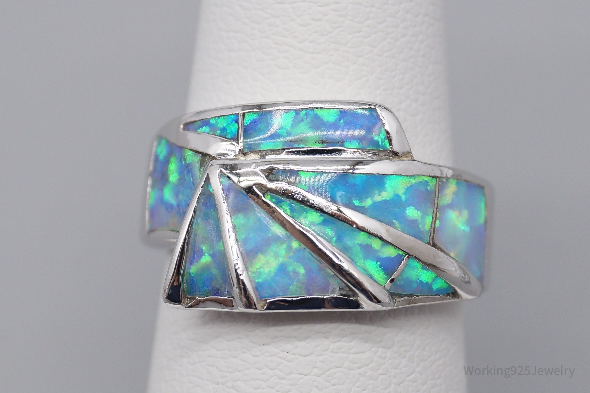 Vintage Blue Opal Inlay Sterling Silver Ring - Size 5.75