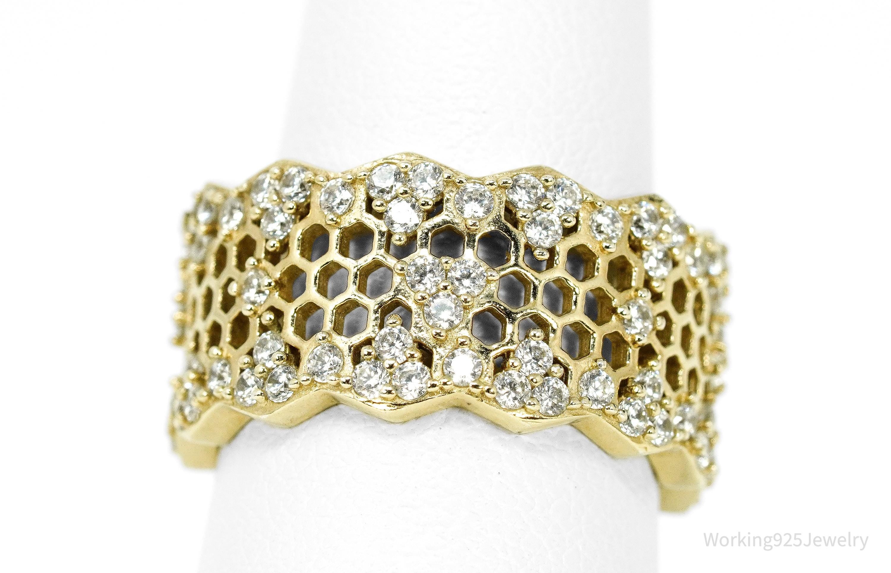 Vintage Cubic Zirconia Gold Vermeil Sterling Silver Honeycomb Lace Ring - Size 7