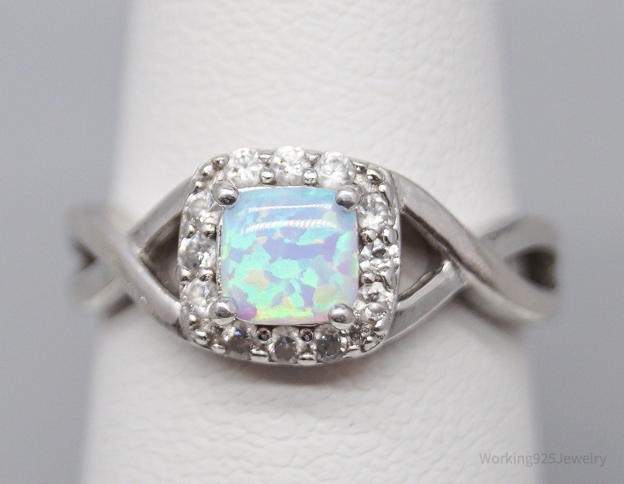 Vintage Opal Cubic Zirconia Sterling Silver Ring - Size 6