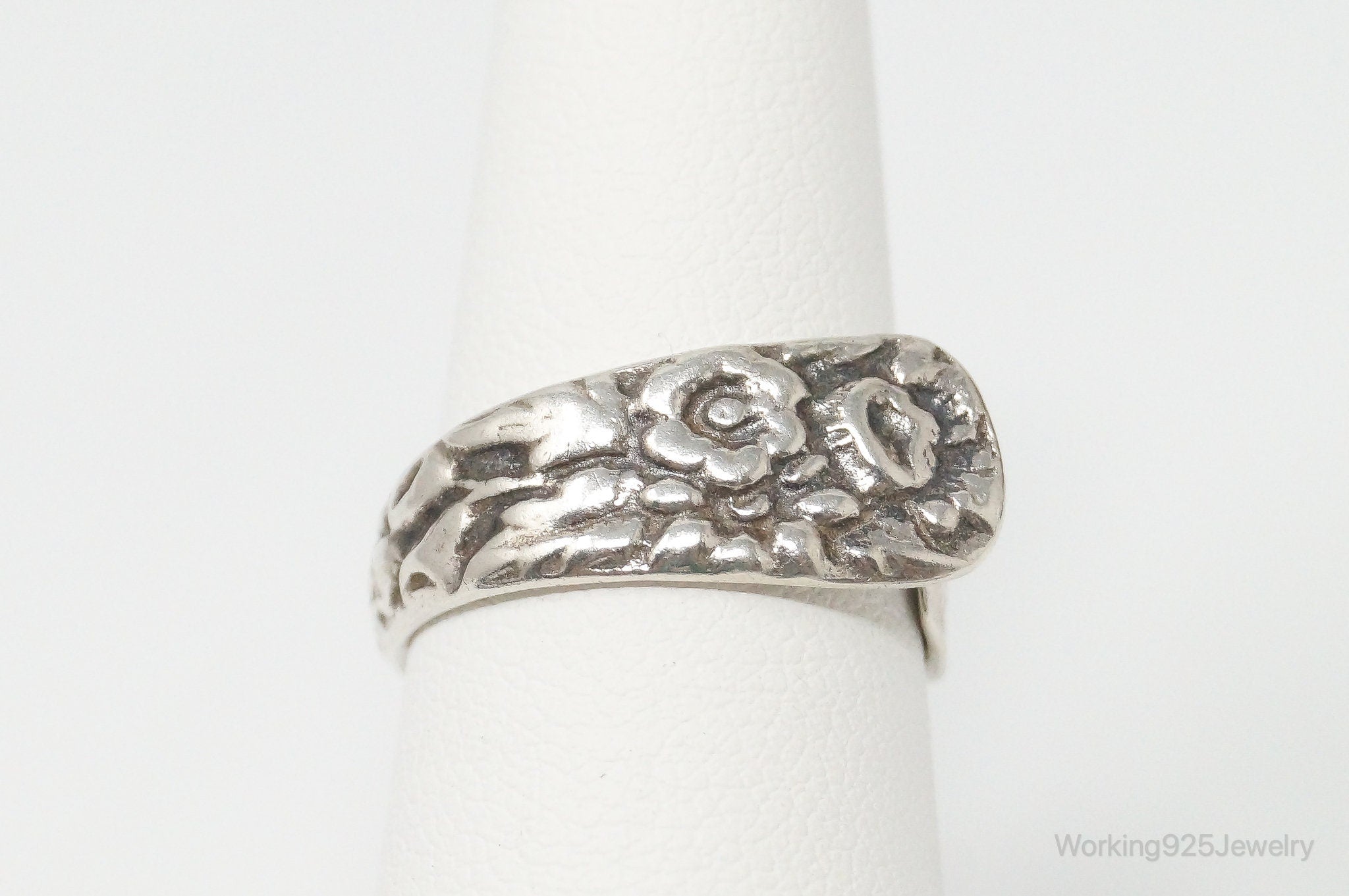 Antique Floral Repousse Sterling Silver Wrap Spoon Ring Adjustable - Size 6