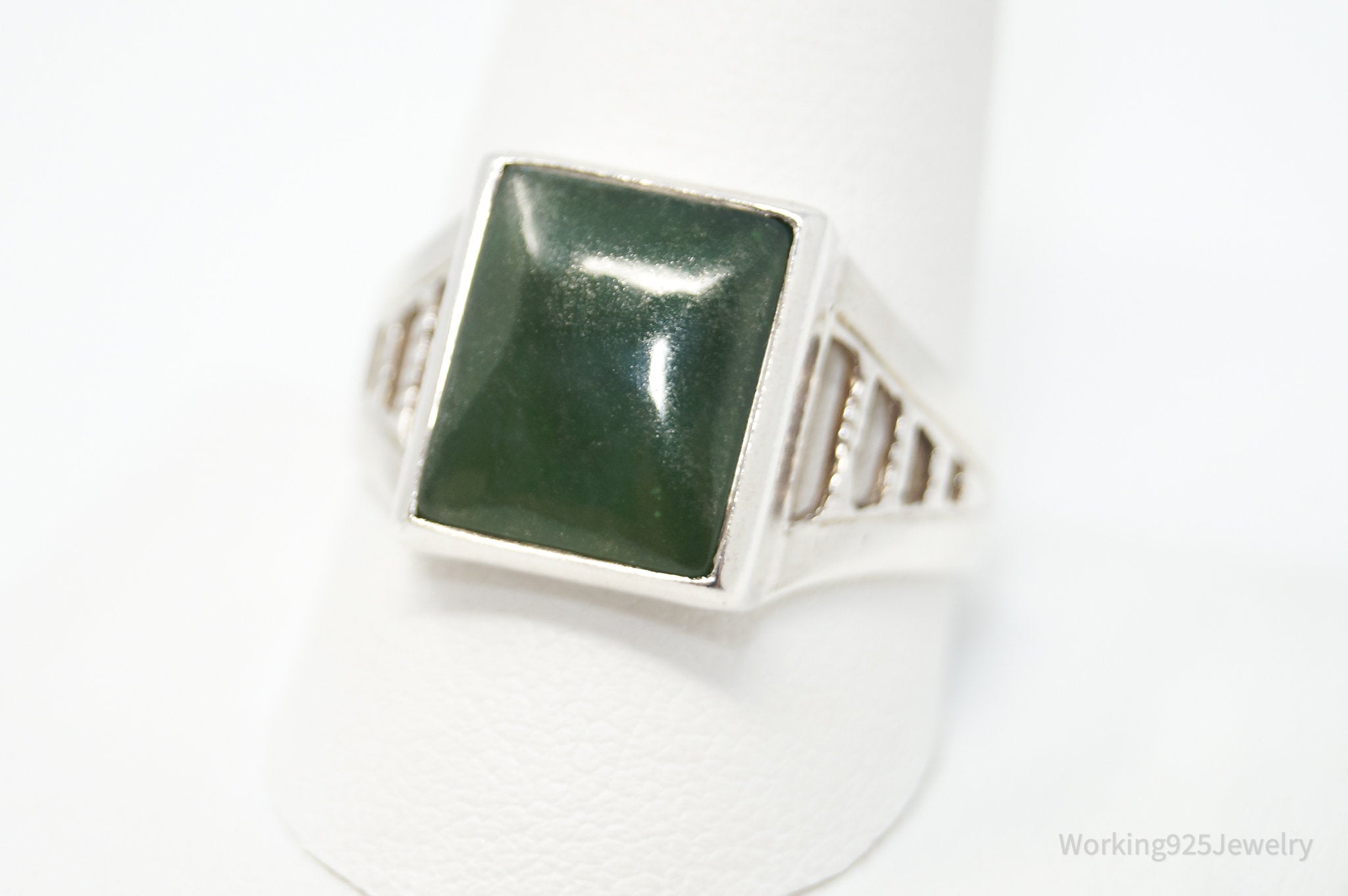 Vtg Designer SOLAR Green Onyx Southwestern Sterling Silver Ring - Sz 11.25