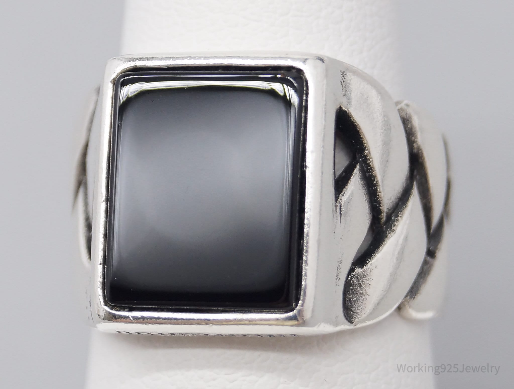 Vintage Black Onyx Weave Braid Style Sterling Silver Ring - Size 7