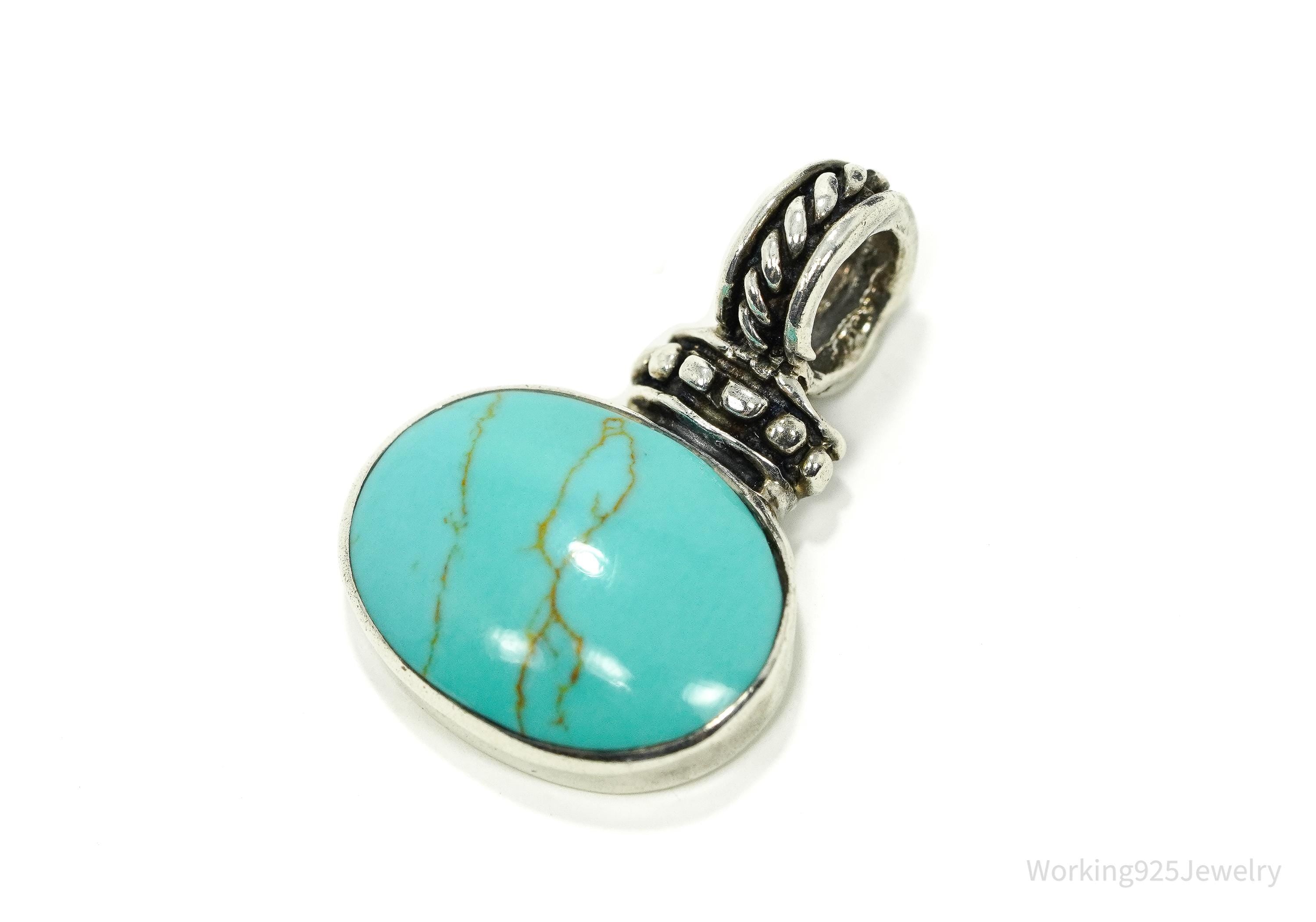 Vintage Blue Turquoise Sterling Silver Pendant 1 1/8"