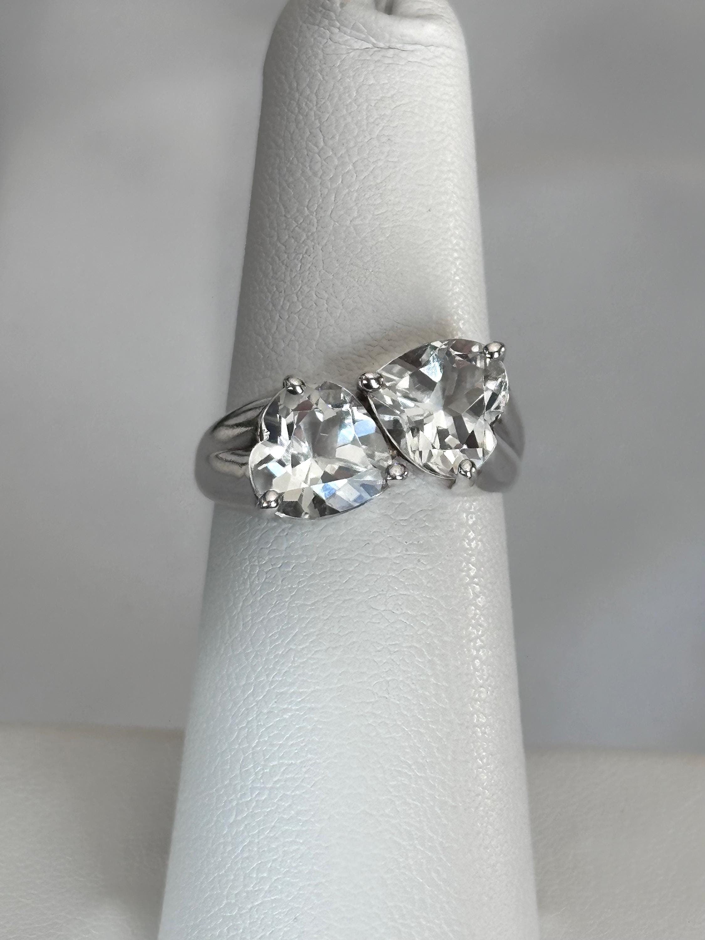 Vintage White Topaz Linked Hearts Sterling Silver Ring - Size 6